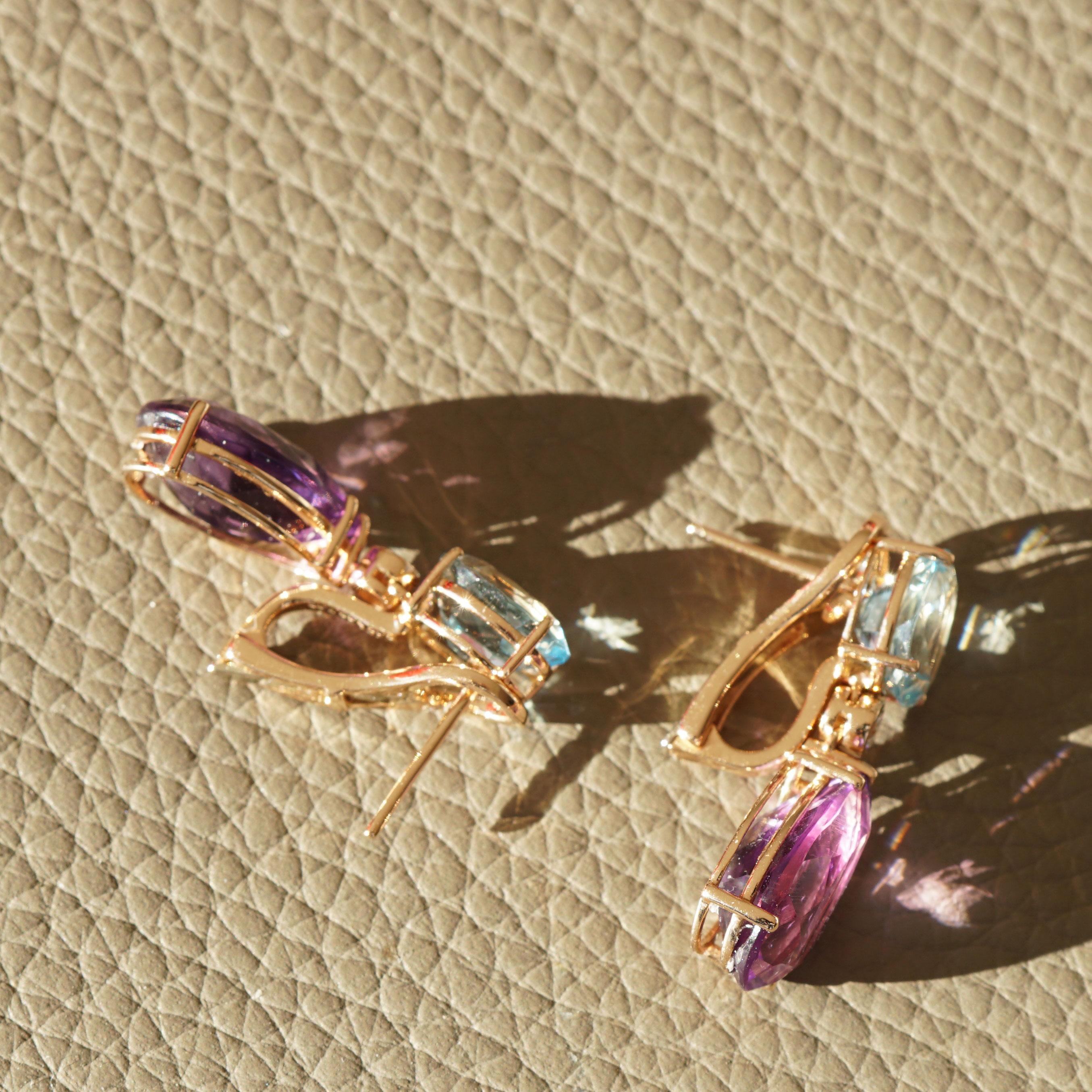 Boucles d'oreilles en aigue-marine, améthyste, diamant et or rose 18 carats de grande qualité provenant de Madagascar Unisexe en vente
