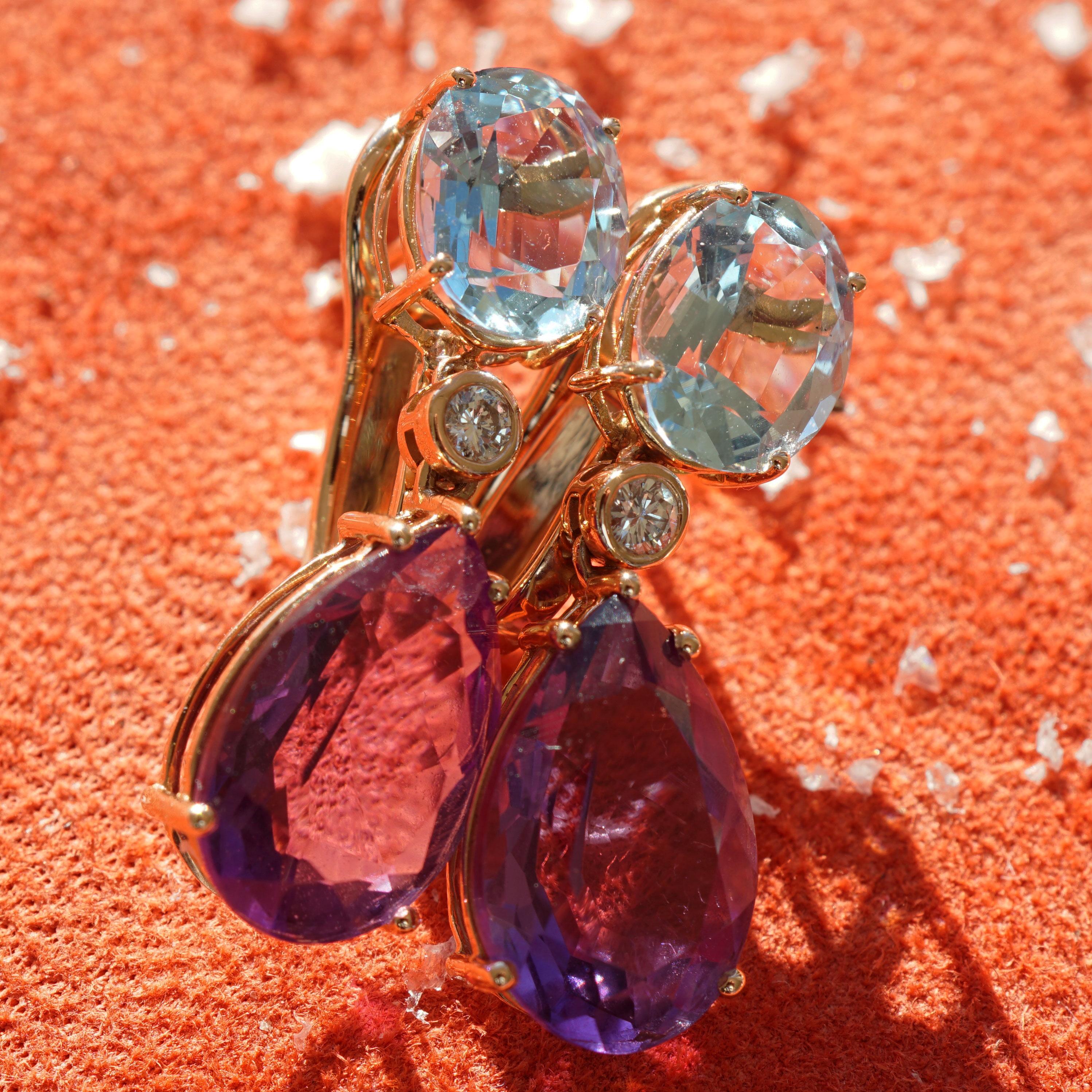 Boucles d'oreilles en aigue-marine, améthyste, diamant et or rose 18 carats de grande qualité provenant de Madagascar en vente 1