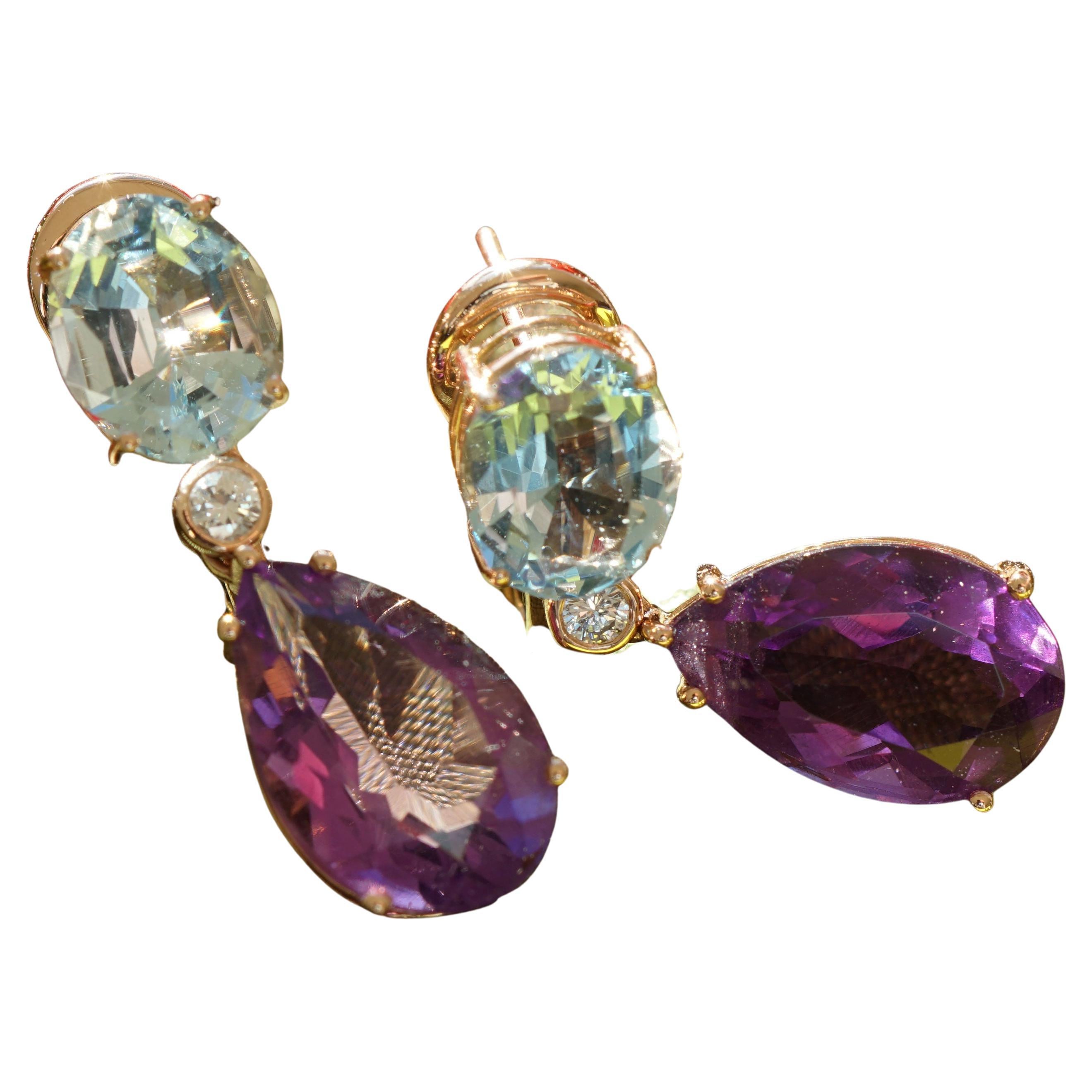 Aquamarin Amethyst Diamond Earrings 18kt Rosegold Great Quality from Madagascar For Sale