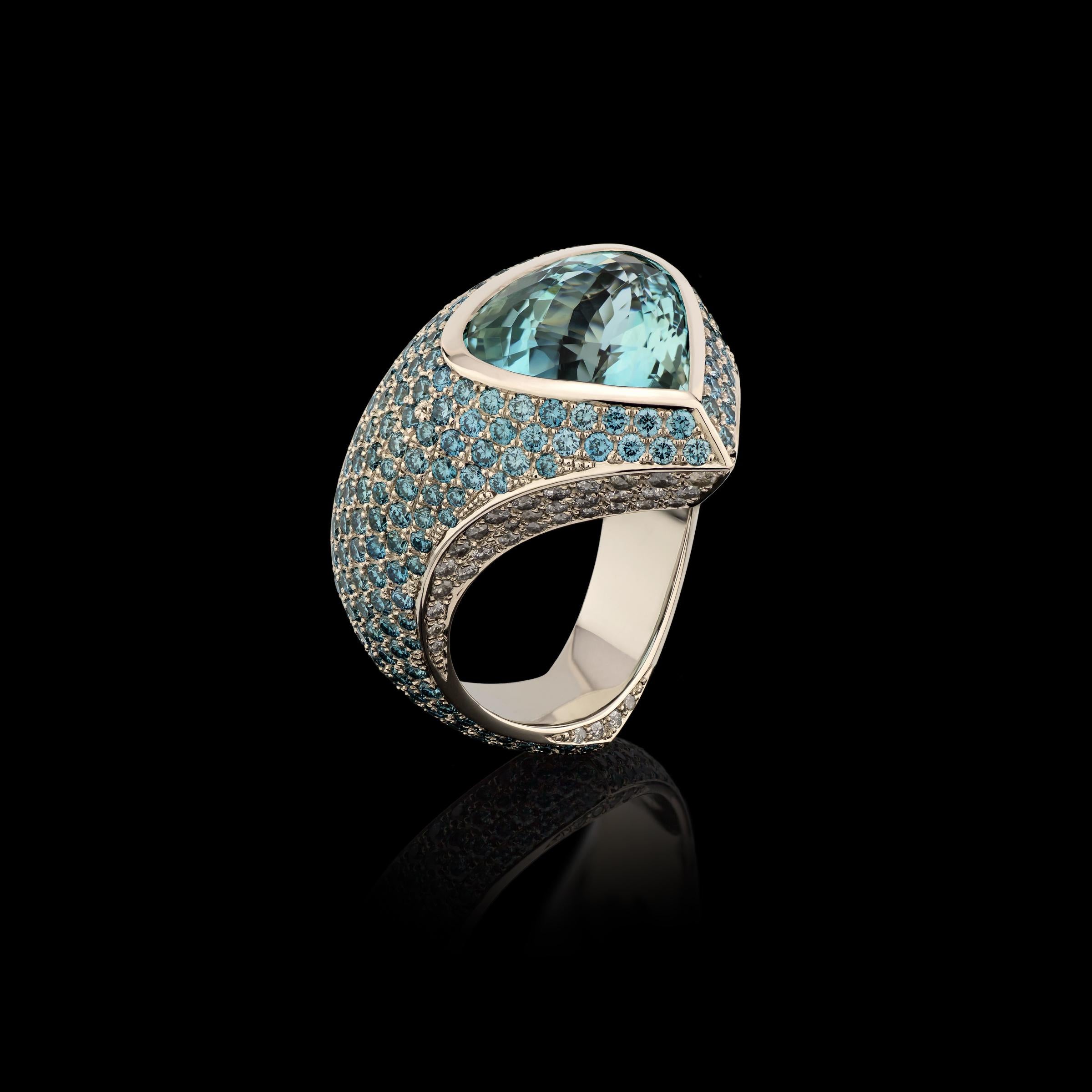 Modern Aquamarine Cocktail Ring 6.24ct Blue, 18k White Gold, 357 hand set diamonds For Sale
