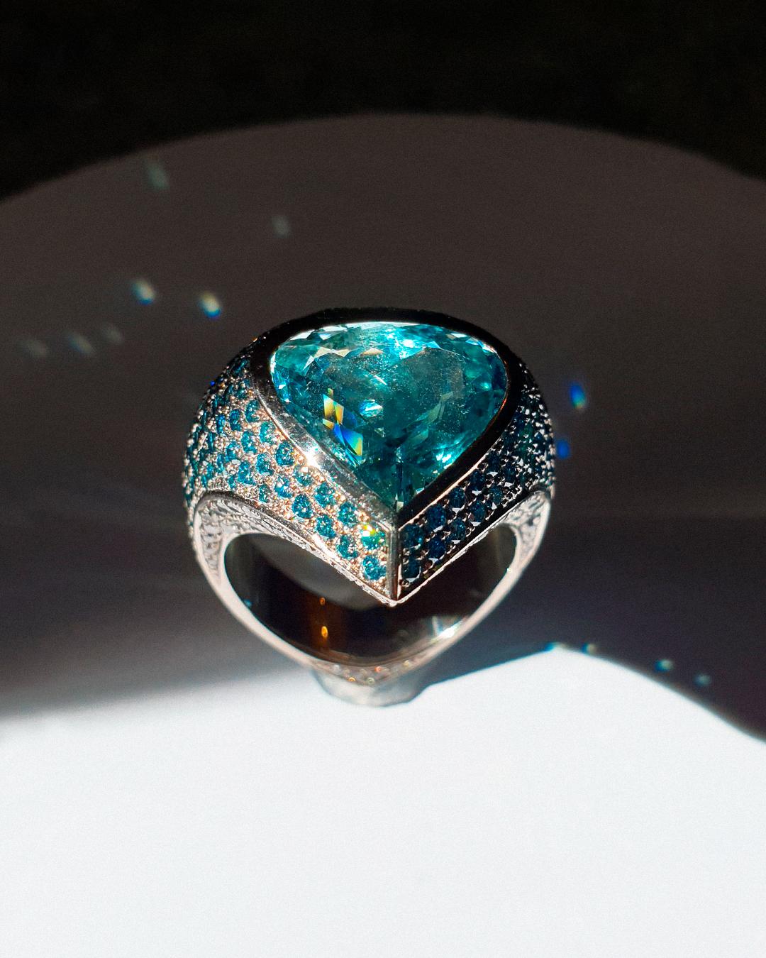 Women's Aquamarine Cocktail Ring 6.24ct Blue, 18k White Gold, 357 hand set diamonds For Sale