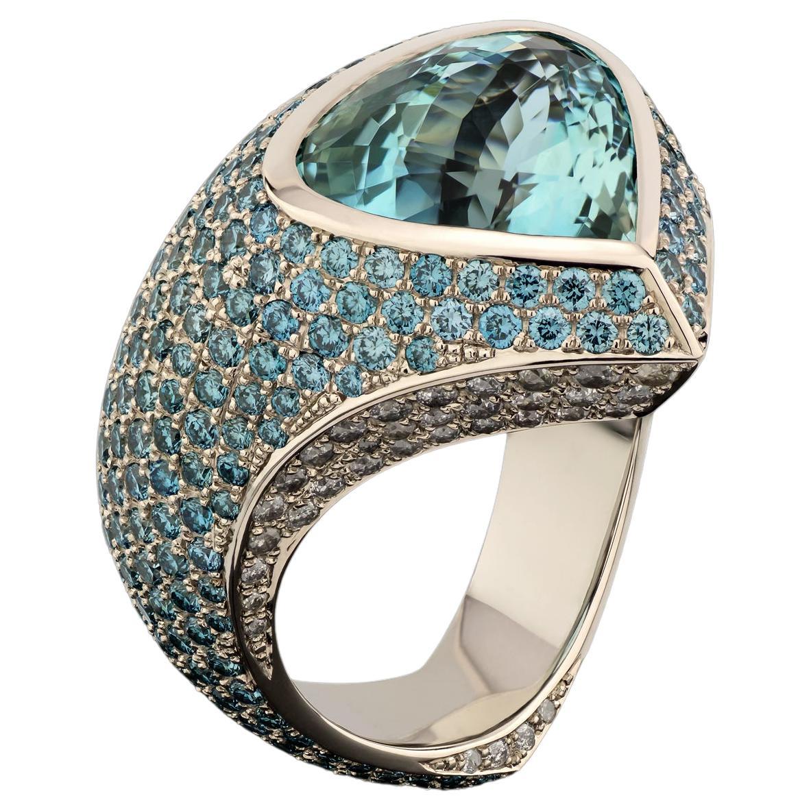 Aquamarine Cocktail Ring 6.24ct Blue, 18k White Gold, 357 hand set diamonds