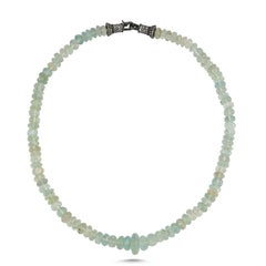 Aquamarine Beads Necklace with Pave Diamond Silver Clasp
