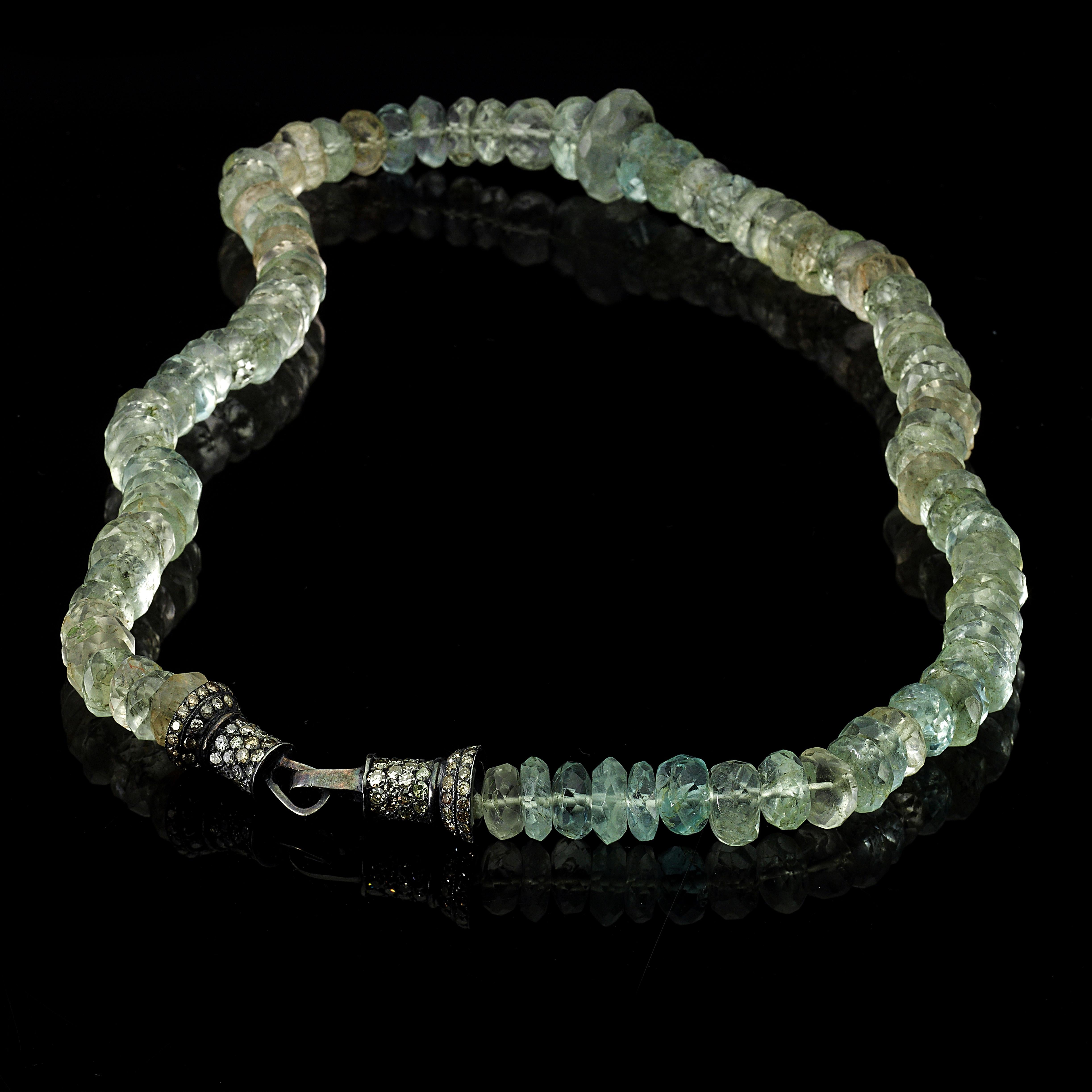 Contemporary Aquamarine Beads Necklace with Pave Diamond Silver Clasp For Sale