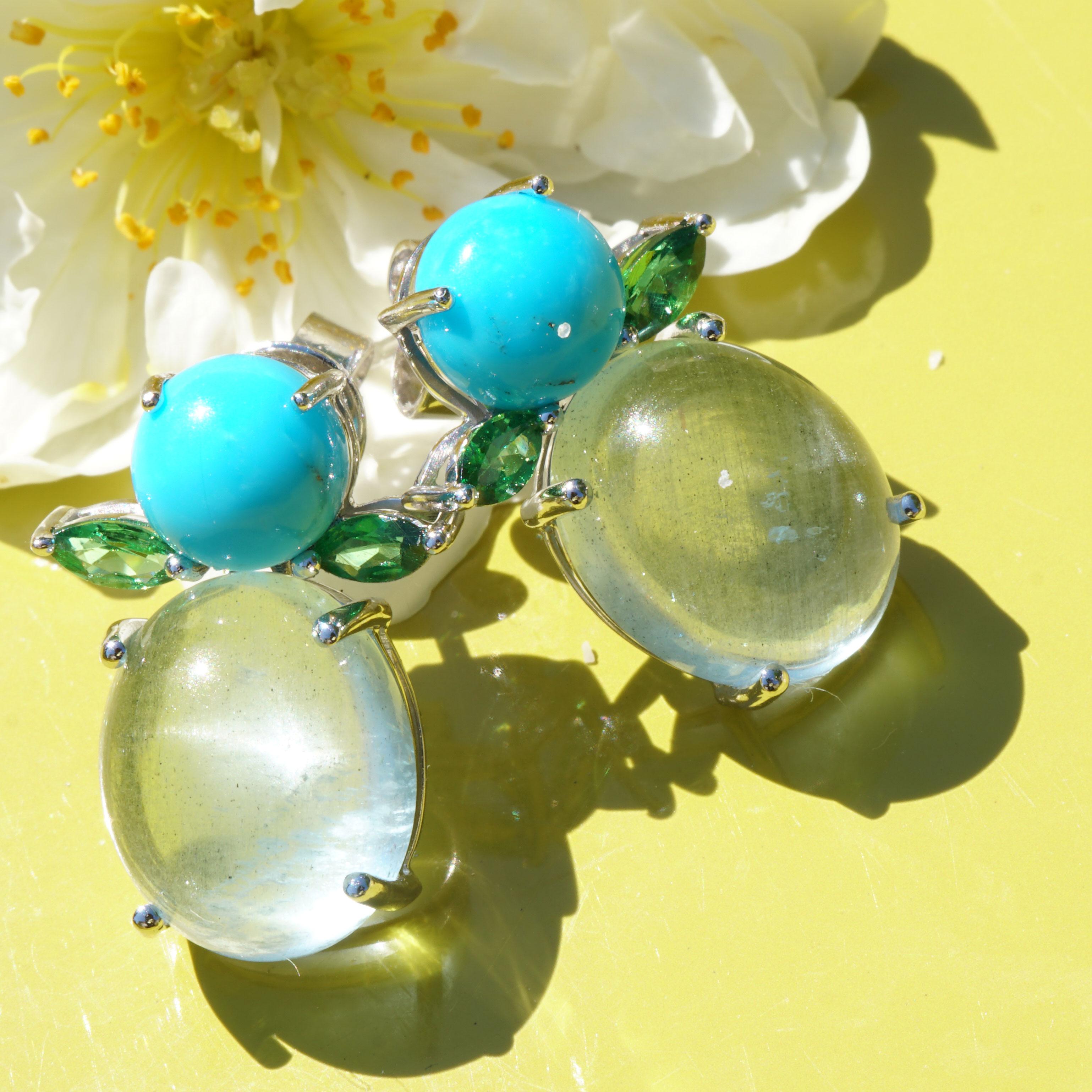 Women's or Men's Aquamarin Turqouise Tsavorite Earrings Little Blue Angels Soo Precious and Nice