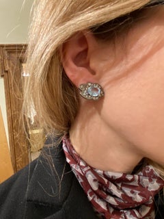 Aquamarine 1 Carat Diamonds 18K Gold Stud Unisex Surrealist Clouds Earrings