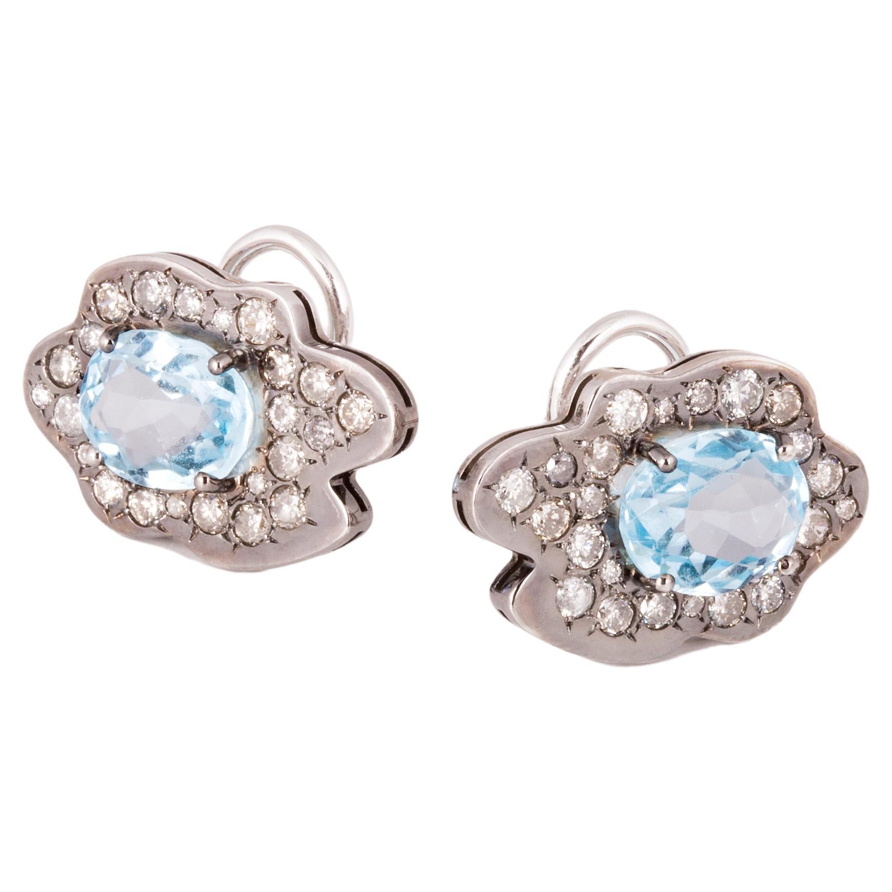 Aigue-marine 1 carat Diamants Boucles d'oreilles unisexe en or 18 carats Nuages surréalistes