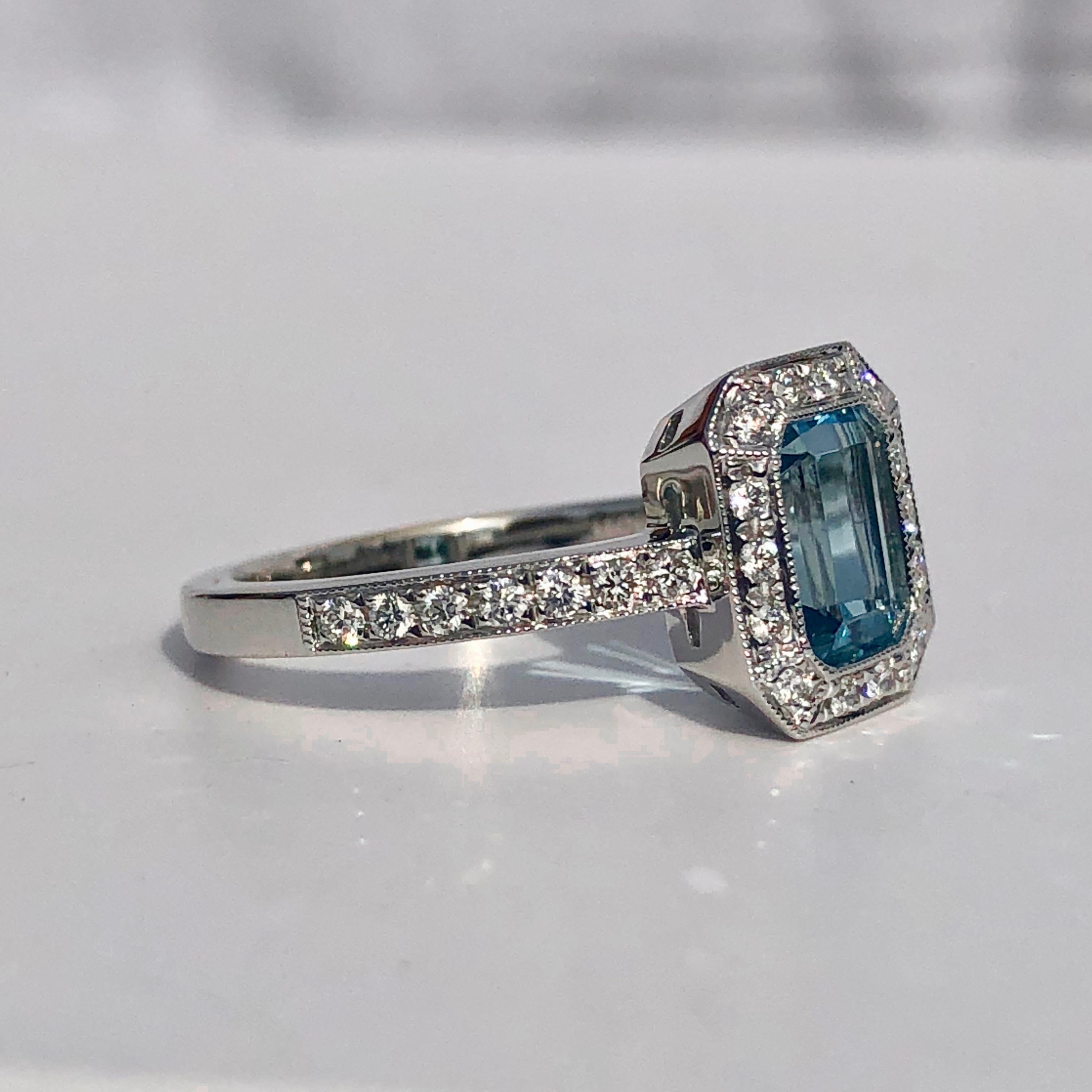 Emerald Cut Aquamarine 1.01ct  18k Gold White Diamond Halo Pave Shoulders Engagement Ring
