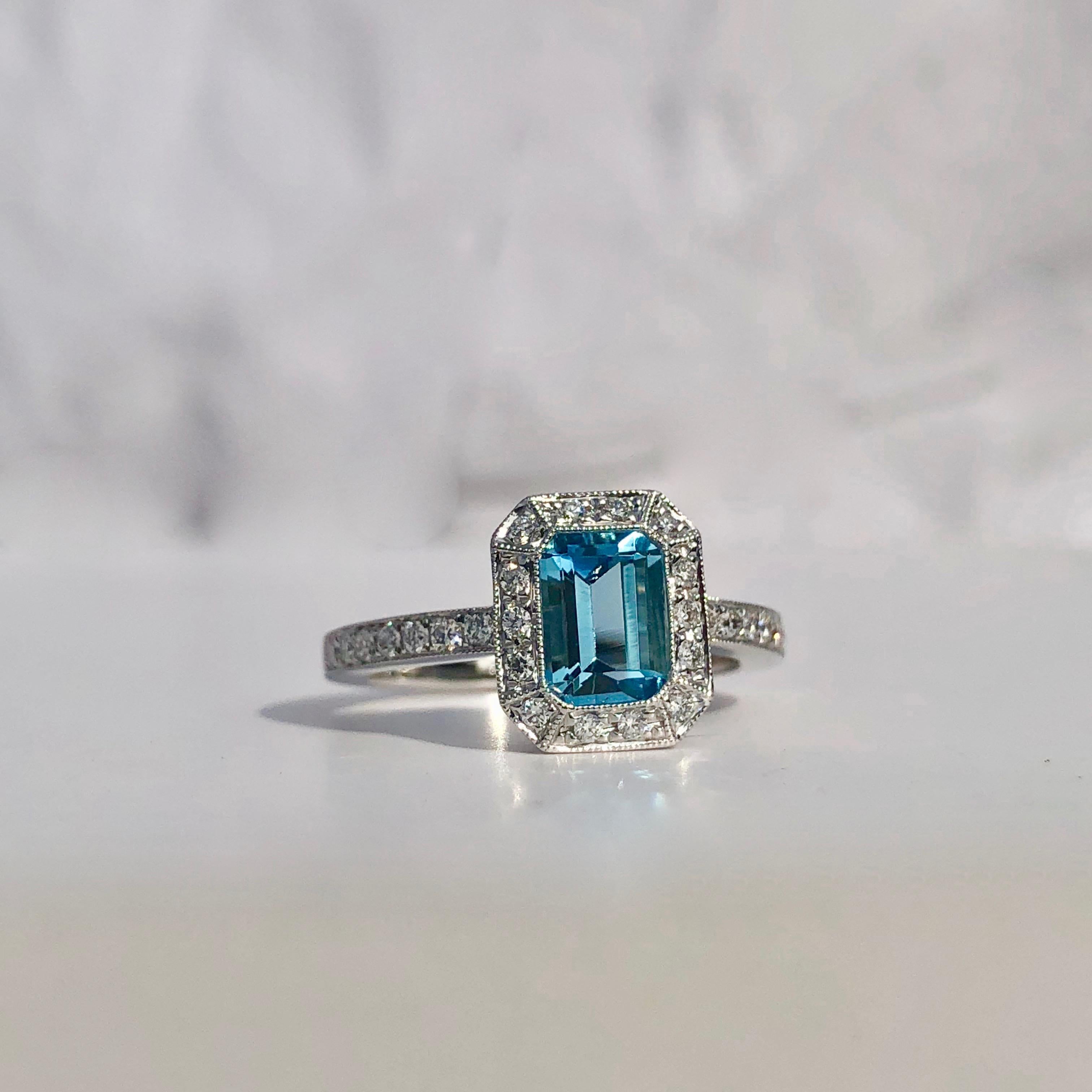 Women's or Men's Aquamarine 1.01ct  18k Gold White Diamond Halo Pave Shoulders Engagement Ring