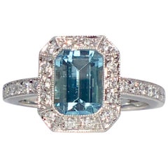 Aquamarine 1.01ct  18k Gold White Diamond Halo Pave Shoulders Engagement Ring