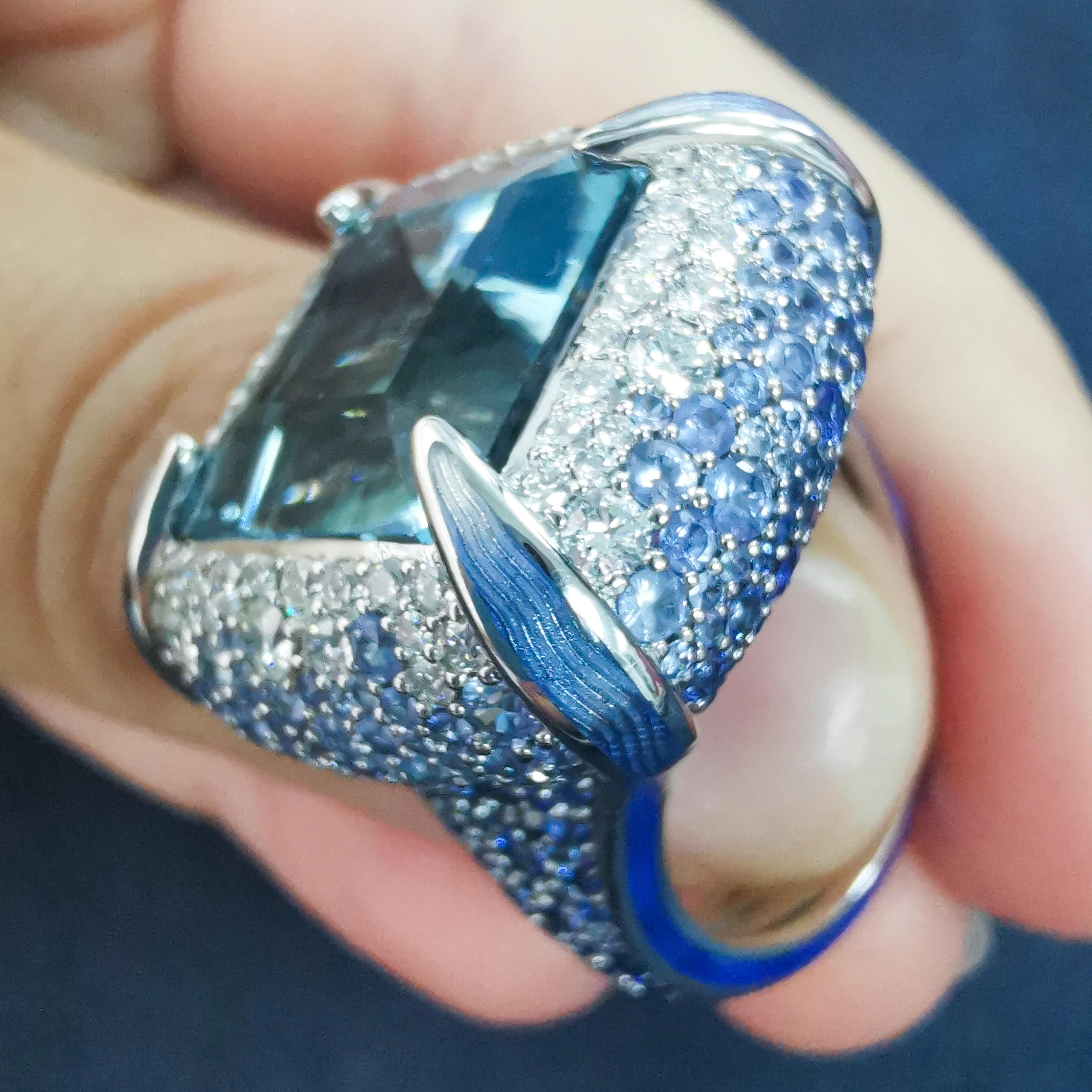 Octagon Cut Aquamarine 11.39 Carat Diamonds Sapphires Enamel 18 Karat White Gold Ring For Sale