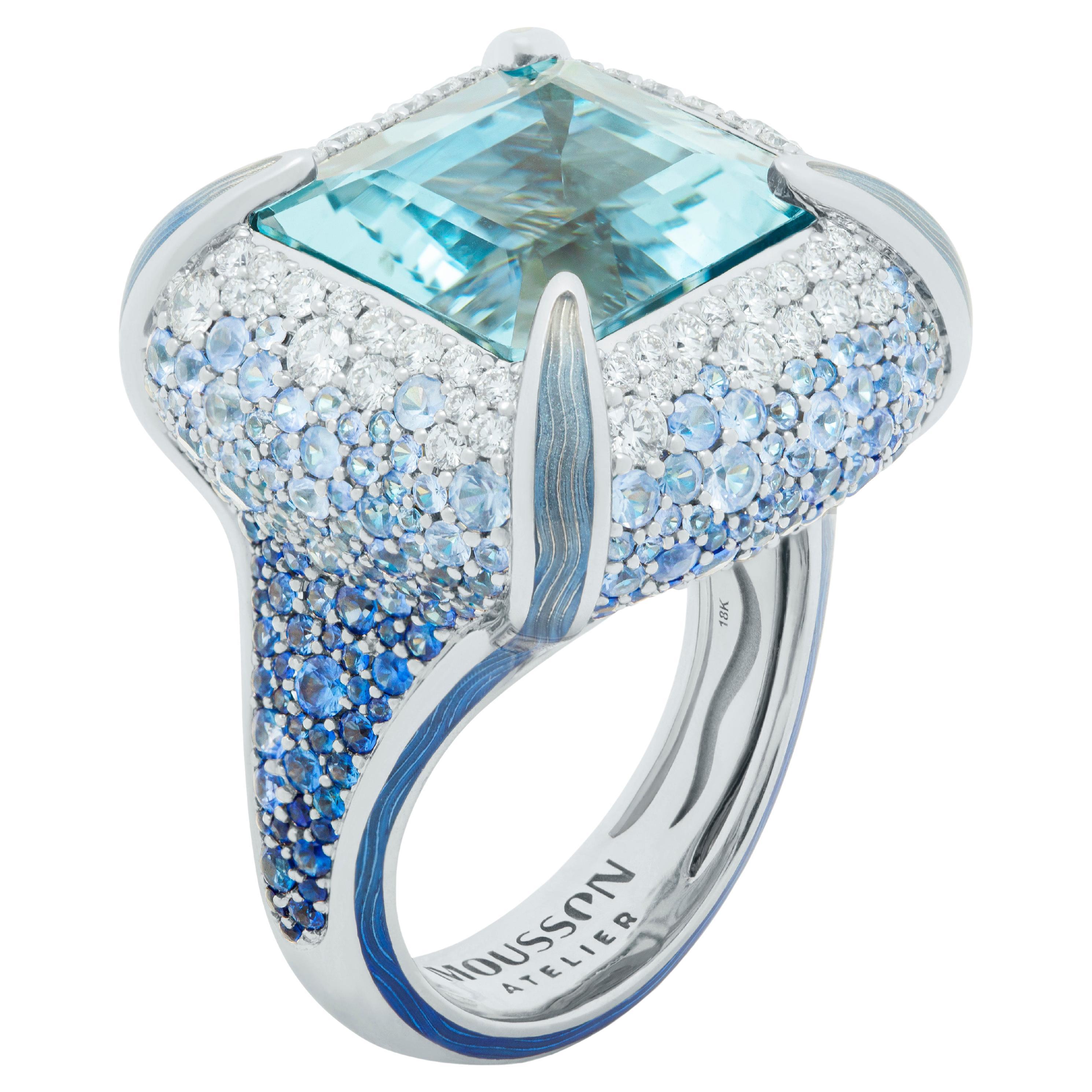 Aquamarine 11.39 Carat Diamonds Sapphires Enamel 18 Karat White Gold Ring For Sale