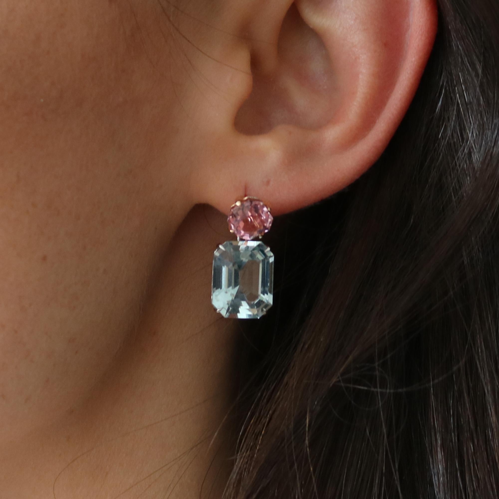 One of a kind aquamarine earrings and pink tourmaline with pave-set round, brilliant diamonds (D-G,VS) in 18kt White Gold and 18kt Rose Gold. 

Old World aquamarine emerald cut proportioned with very modern pink tourmaline facets alignment make this