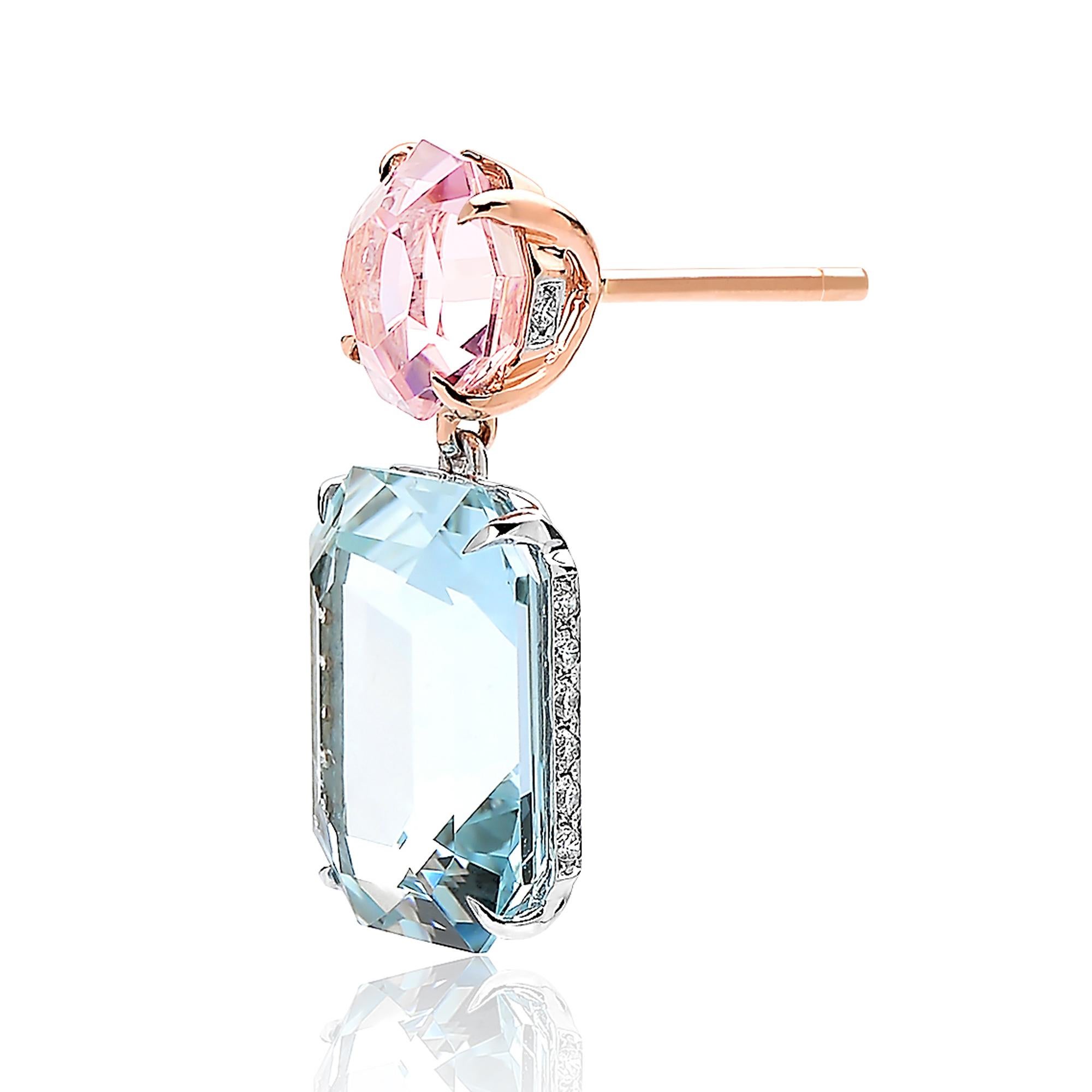 Emerald Cut Paolo Costagli Aquamarine 12.43 Carat Pink Tourmaline 3.43 and Diamond Earrings