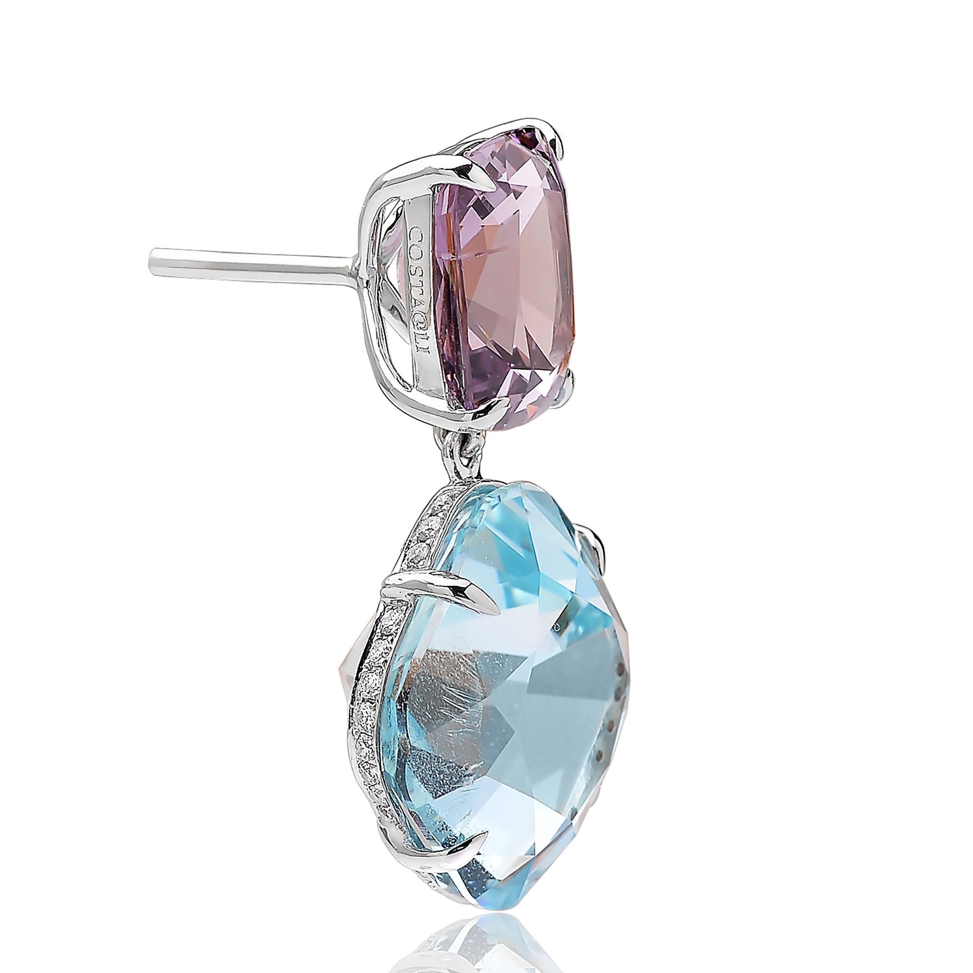 One of a kind aquamarine and spinel earrings with pave-set round, brilliant diamonds set in 18kt gold. 
 
Old World aquamarine cushion cut proportioned with very modern spinel cushion cut facets alignment make this one of a kind pair of earrings one