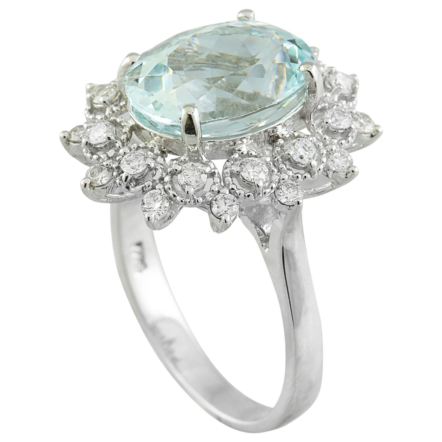 Oval Cut Aquamarine 14 Diamond Ring In Karat White Gold  For Sale