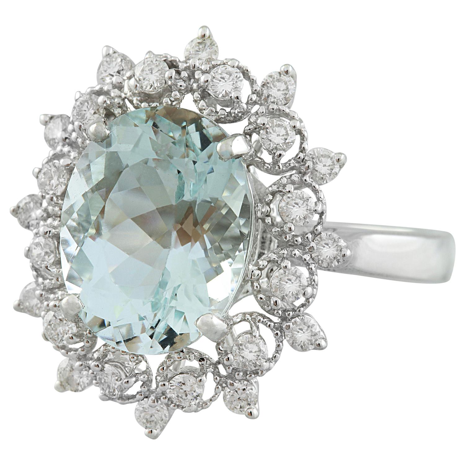 Women's Aquamarine 14 Diamond Ring In Karat White Gold  For Sale