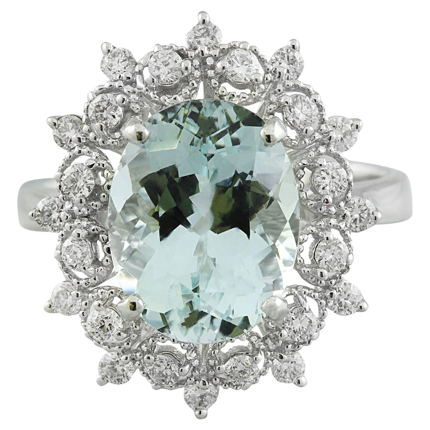 Aquamarine 14 Diamond Ring In Karat White Gold 