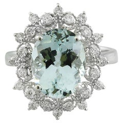 Aquamarine 14 Diamond Ring In Karat White Gold