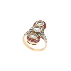 Aquamarine  Diamonds Rubies 14 Karat Yellow Gold Cocktail Ring