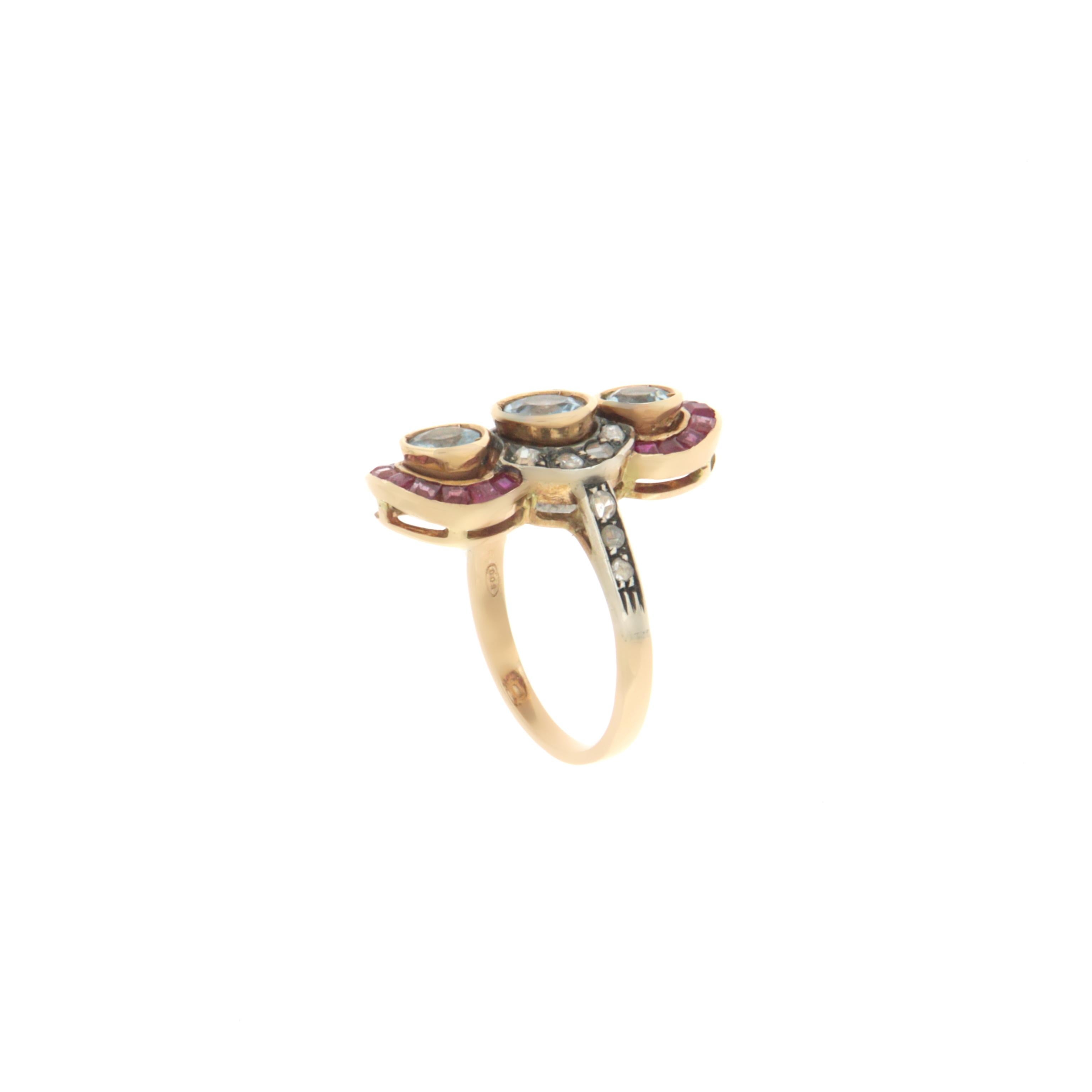 Mixed Cut Aquamarine  Diamonds Rubies 14 Karat Yellow Gold Cocktail Ring For Sale