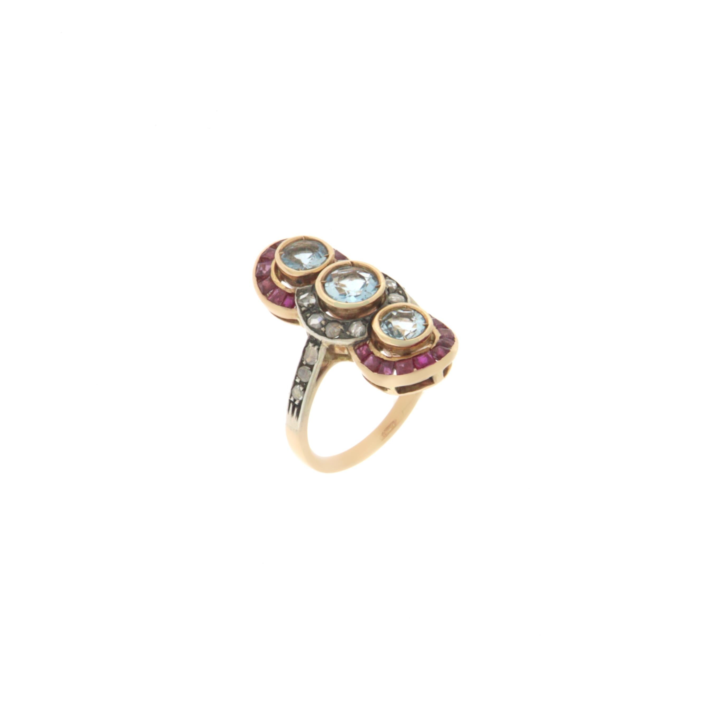 Aquamarine  Diamonds Rubies 14 Karat Yellow Gold Cocktail Ring In New Condition For Sale In Marcianise, IT