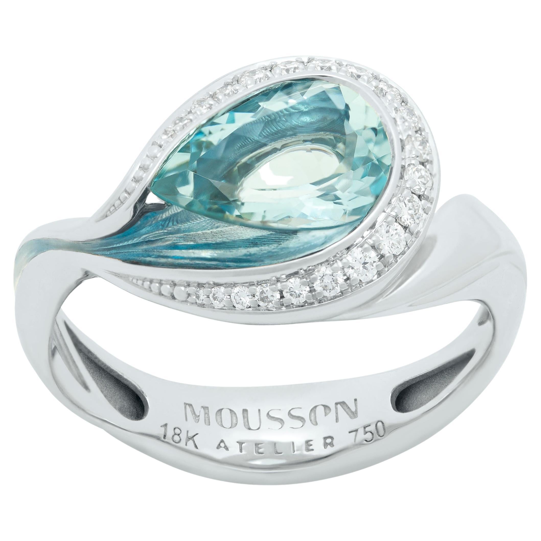 Aquamarine 1.48 Carat Diamonds Enamel 18 Karat White Gold Melted Colors Ring For Sale