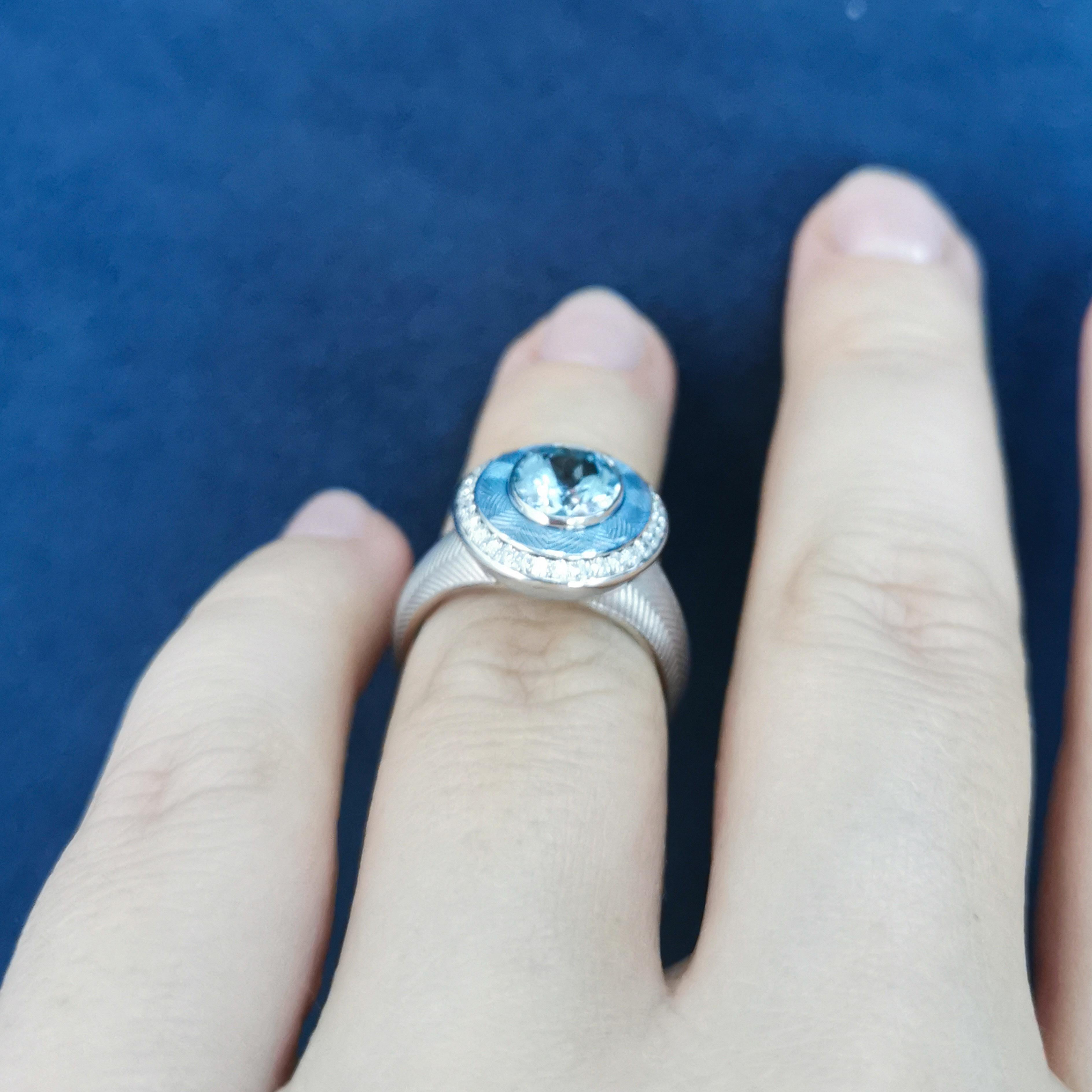 Aquamarine 1.66 Carat Diamonds 18 Karat White Gold Tweed Ring For Sale 4