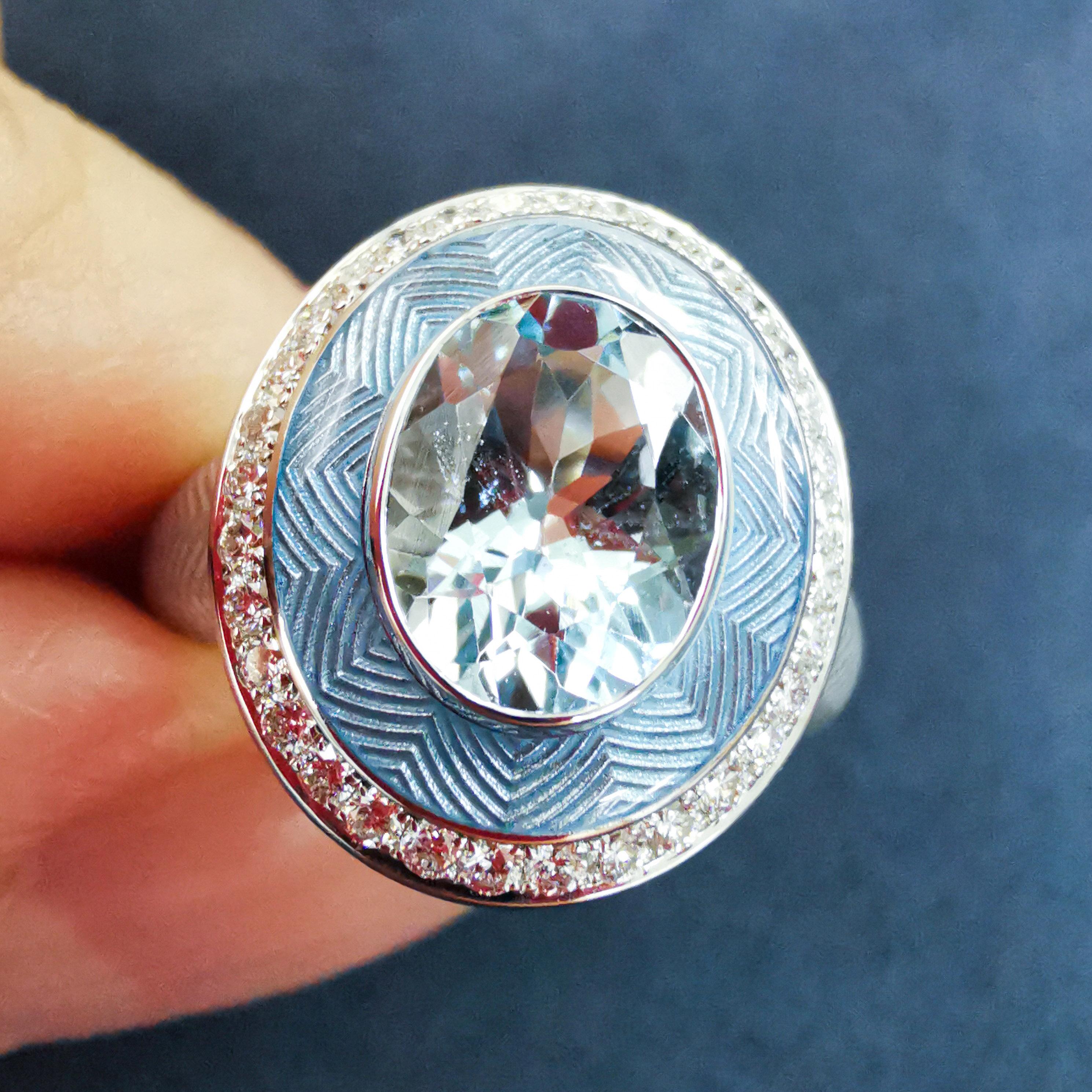 Contemporary Aquamarine 1.66 Carat Diamonds 18 Karat White Gold Tweed Ring For Sale