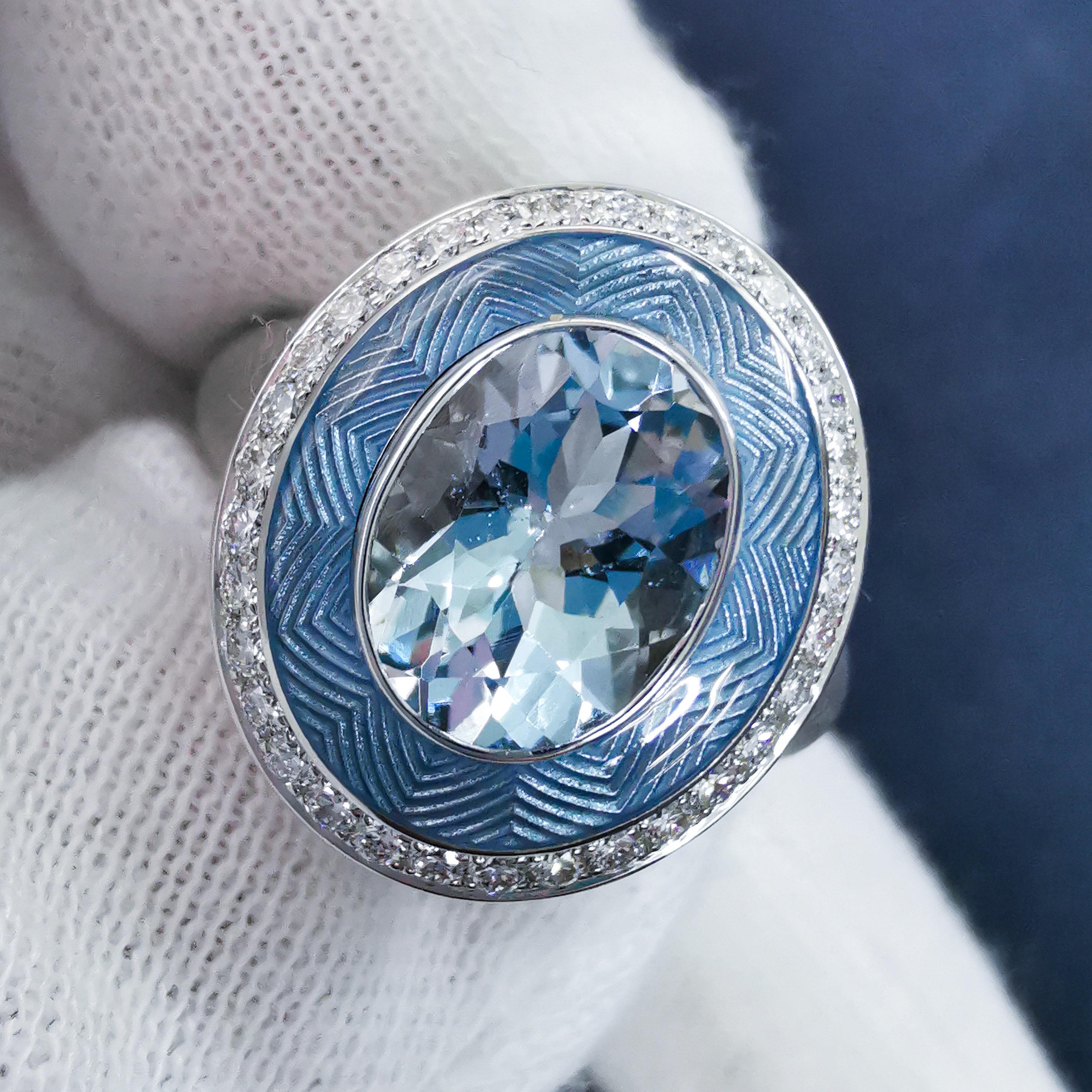 Aquamarine 1.66 Carat Diamonds 18 Karat White Gold Tweed Ring For Sale 1