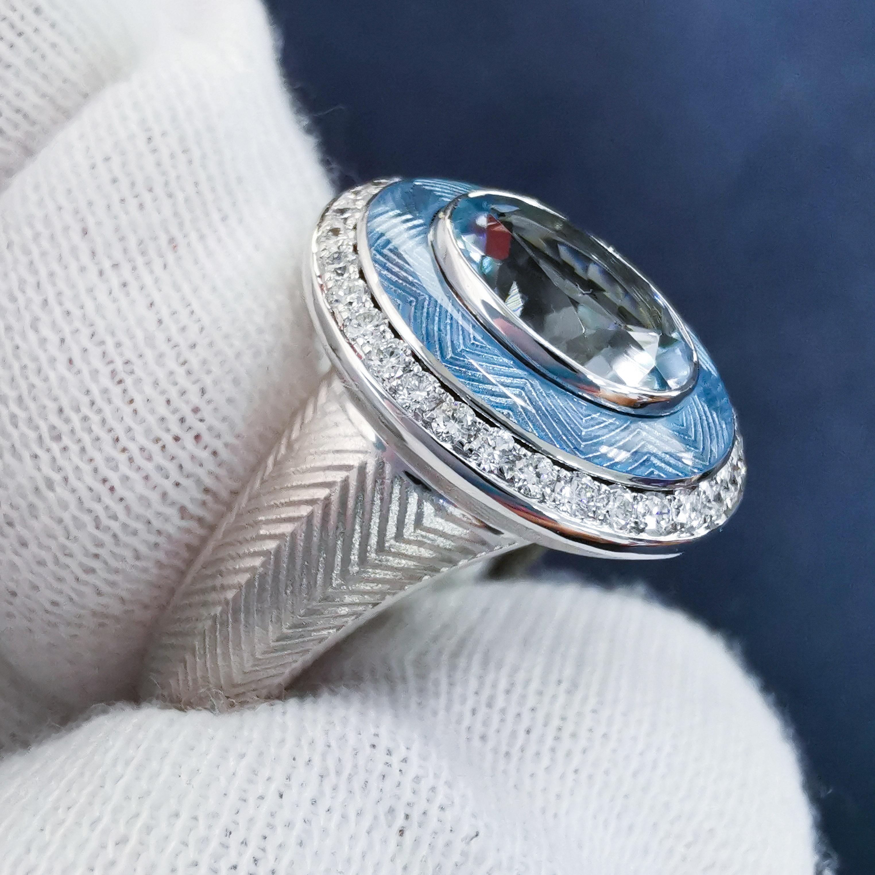 Aquamarine 1.66 Carat Diamonds 18 Karat White Gold Tweed Ring For Sale 2