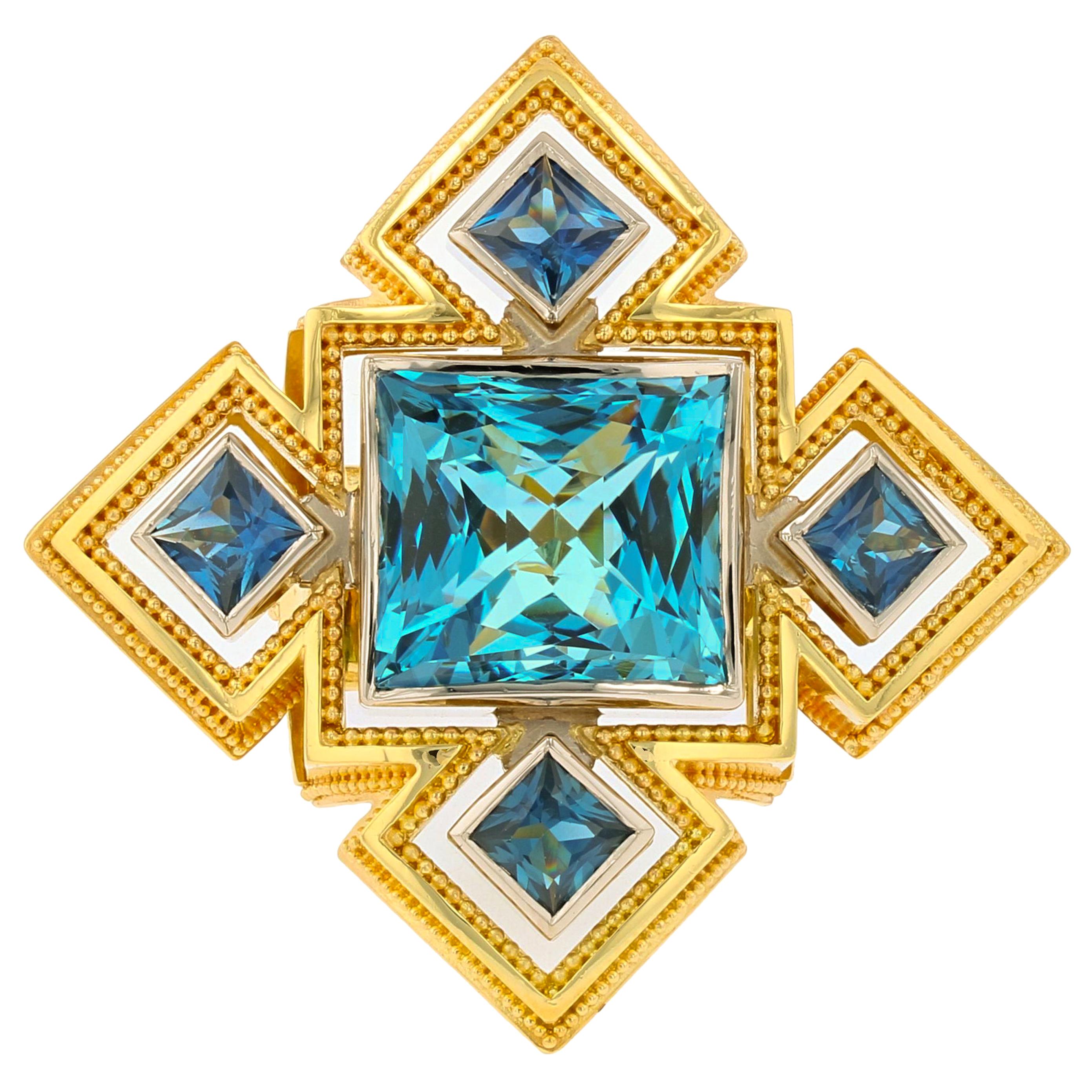 Bague granulation Kent Raible en aigue-marine, saphir bleu, platine et or 18 carats