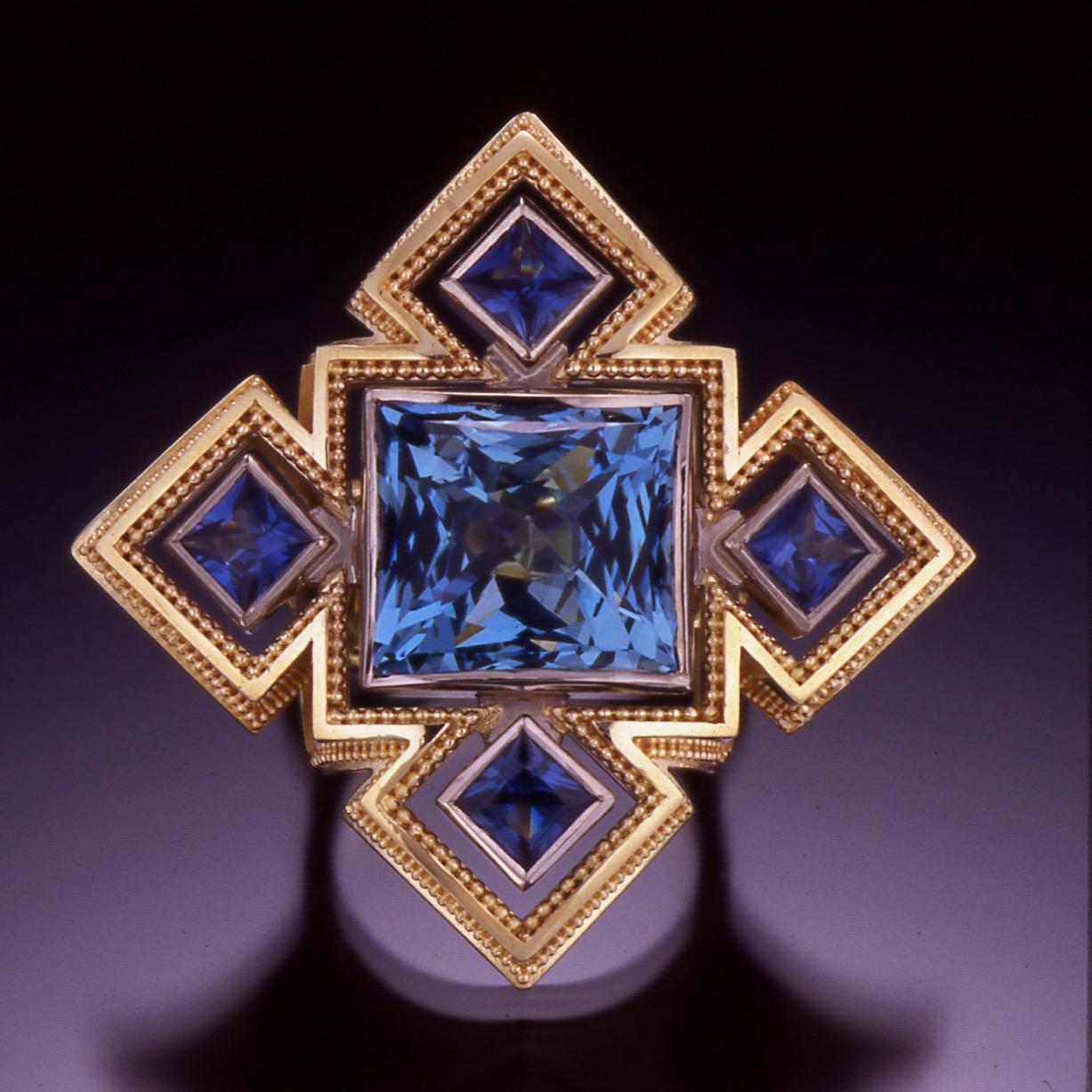 Women's or Men's Kent Raible Aquamarine, Blue Sapphire, Platinum, 18 Karat Gold Granulation Ring For Sale