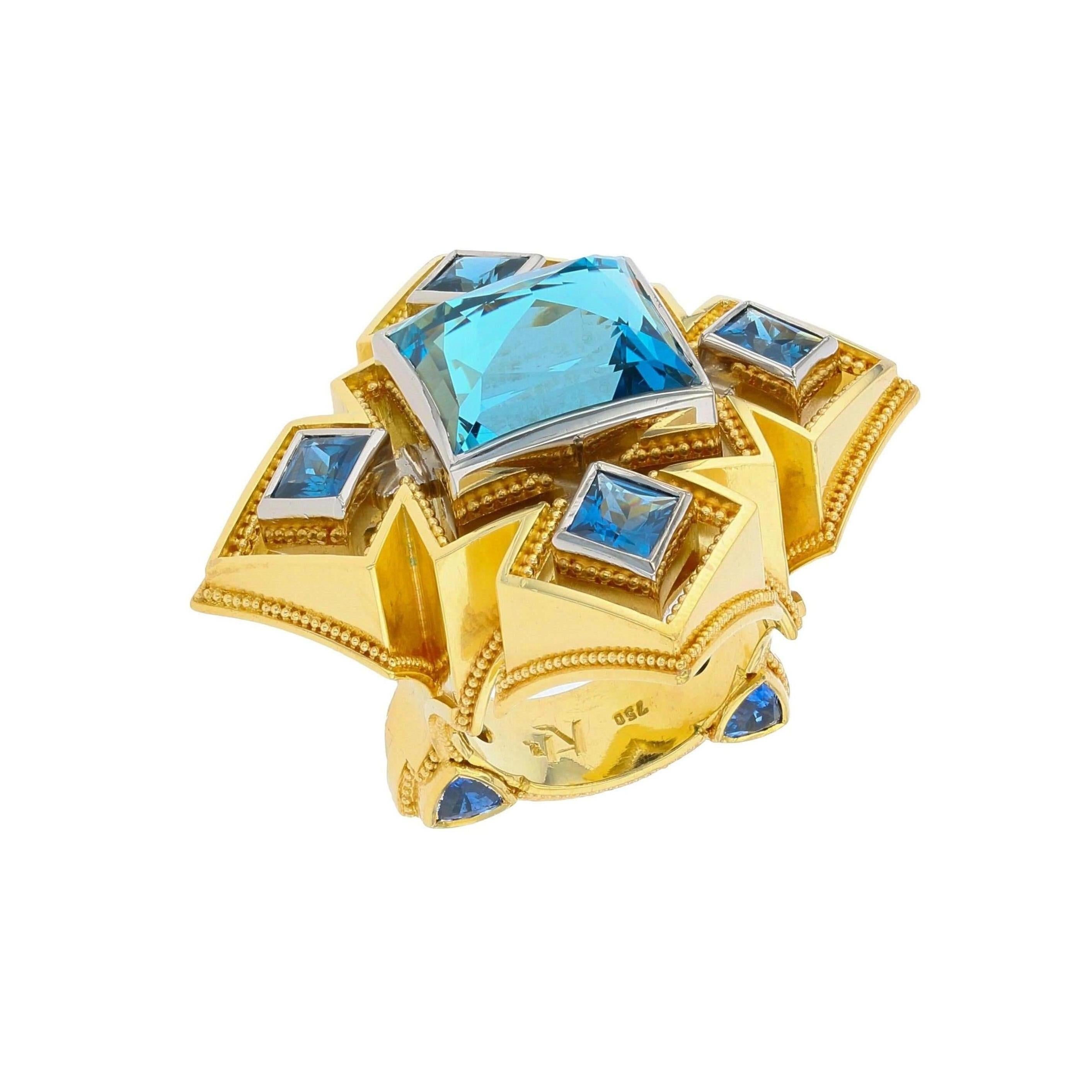 Kent Raible Aquamarine, Blue Sapphire, Platinum, 18 Karat Gold Granulation Ring In New Condition For Sale In Mossrock, WA