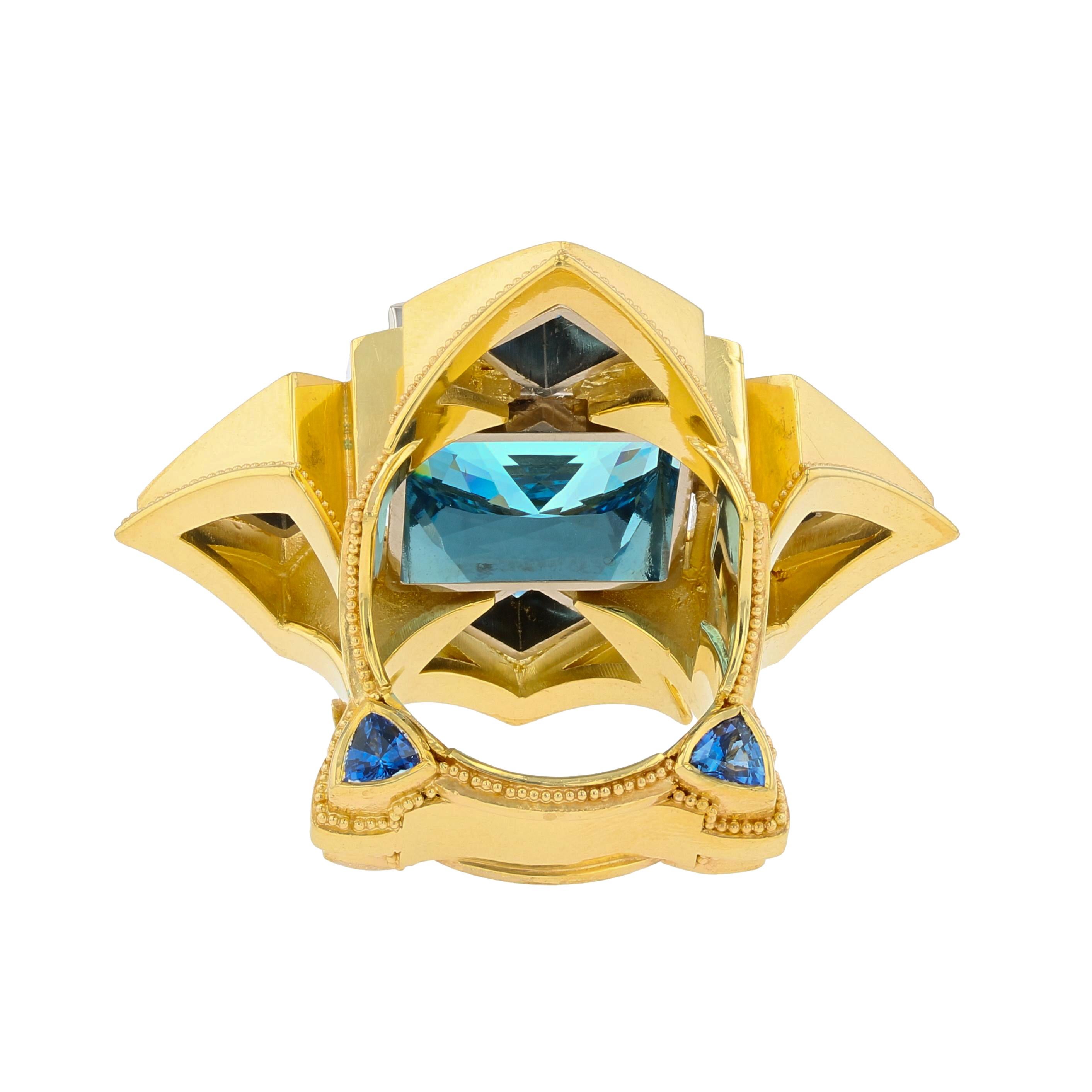 Mixed Cut Kent Raible Aquamarine, Blue Sapphire, Platinum, 18 Karat Gold Granulation Ring For Sale