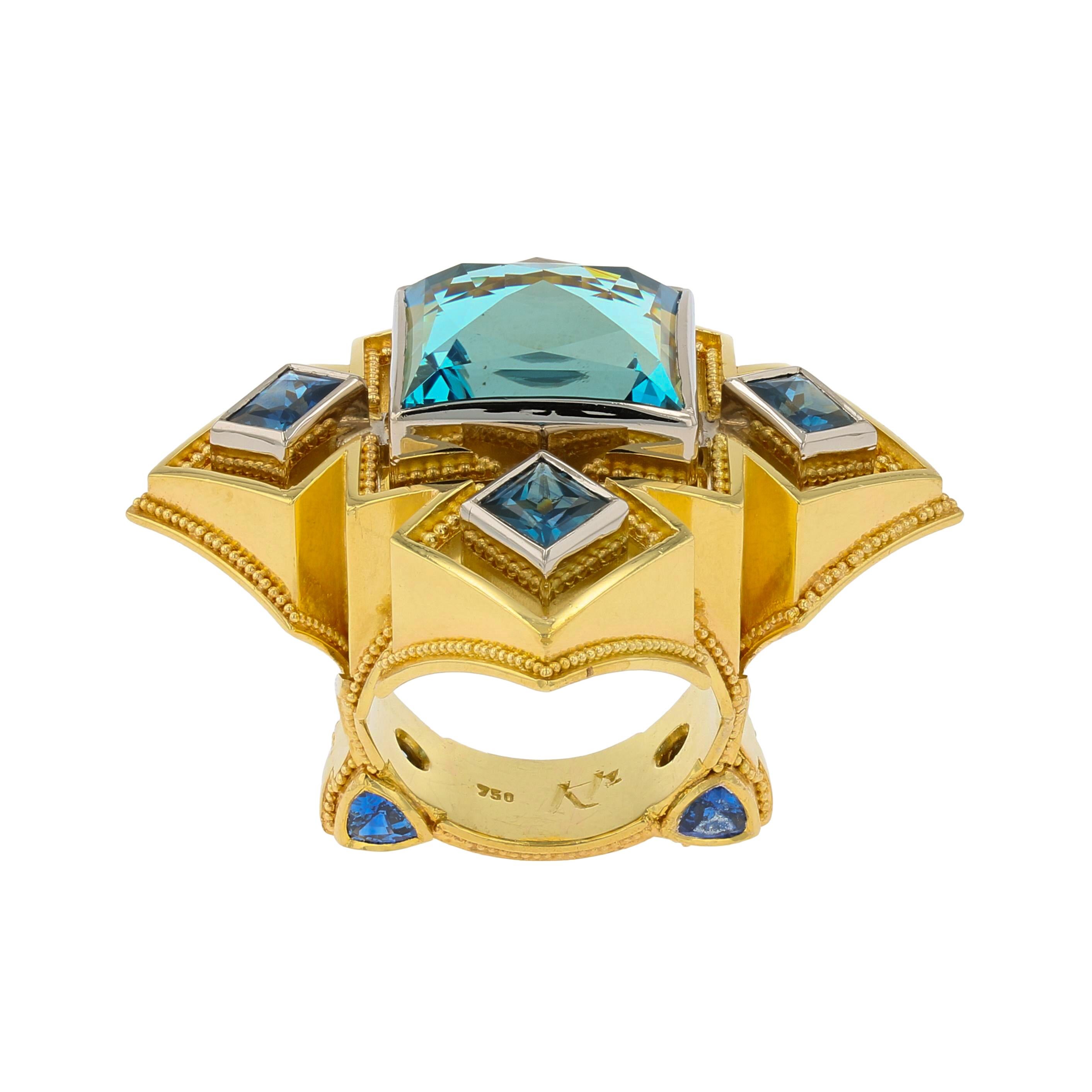 Artisan Kent Raible Aquamarine, Blue Sapphire, Platinum, 18 Karat Gold Granulation Ring For Sale