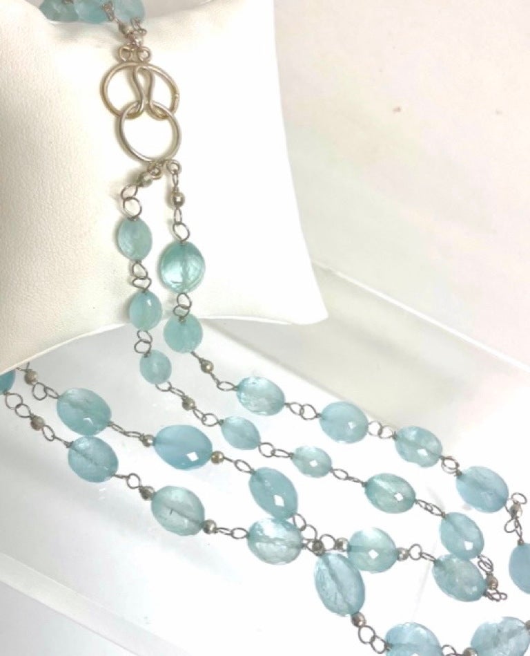 Artisan Aquamarine 178 Carats Wire-Wrapped Double Strand Paradizia Necklace For Sale