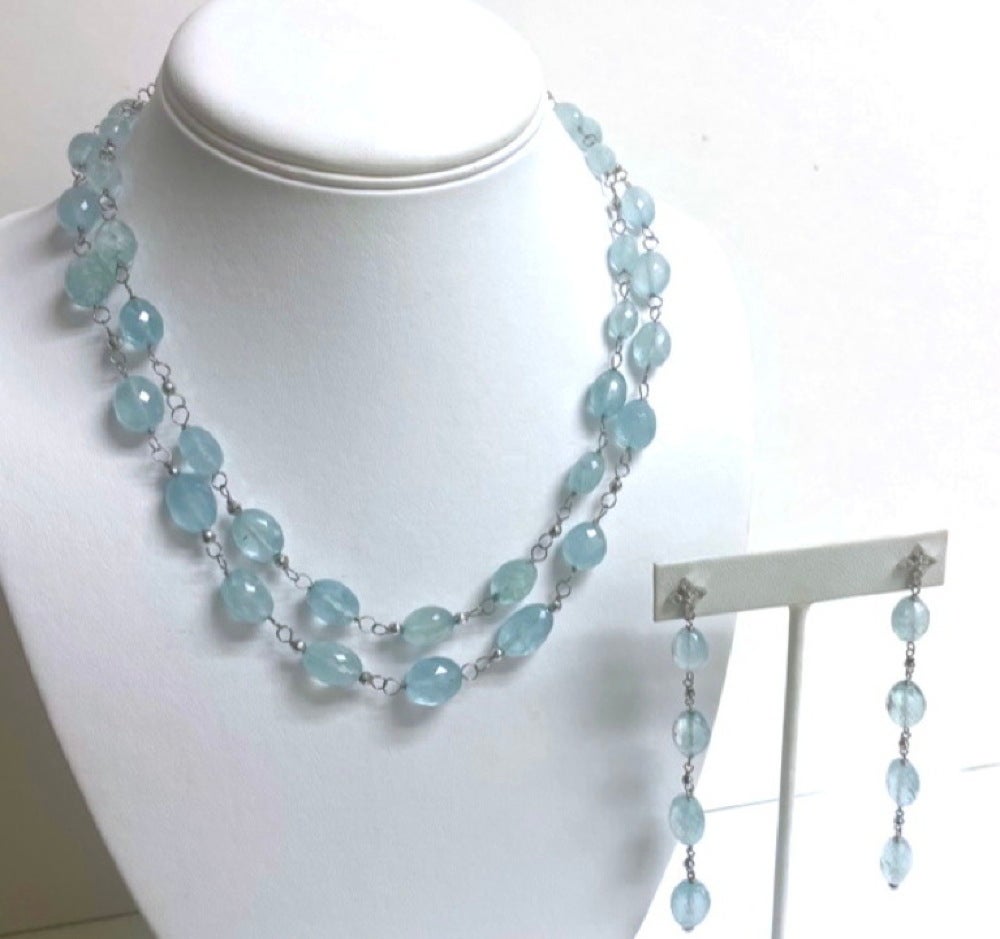 Women's Aquamarine 178 Carats Wire-Wrapped Double Strand Paradizia Necklace For Sale