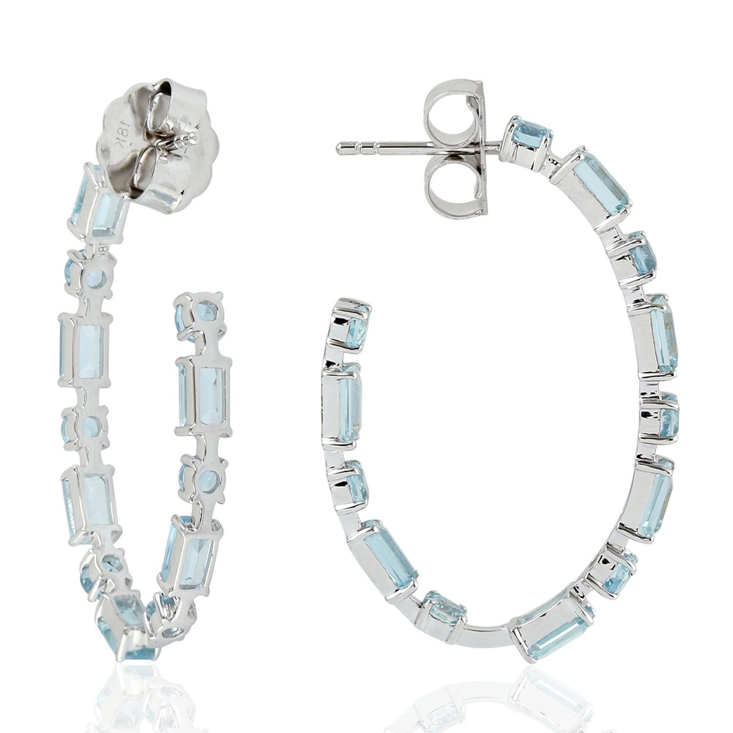 Mixed Cut Aquamarine 18 Karat Gold Hoop Earrings For Sale