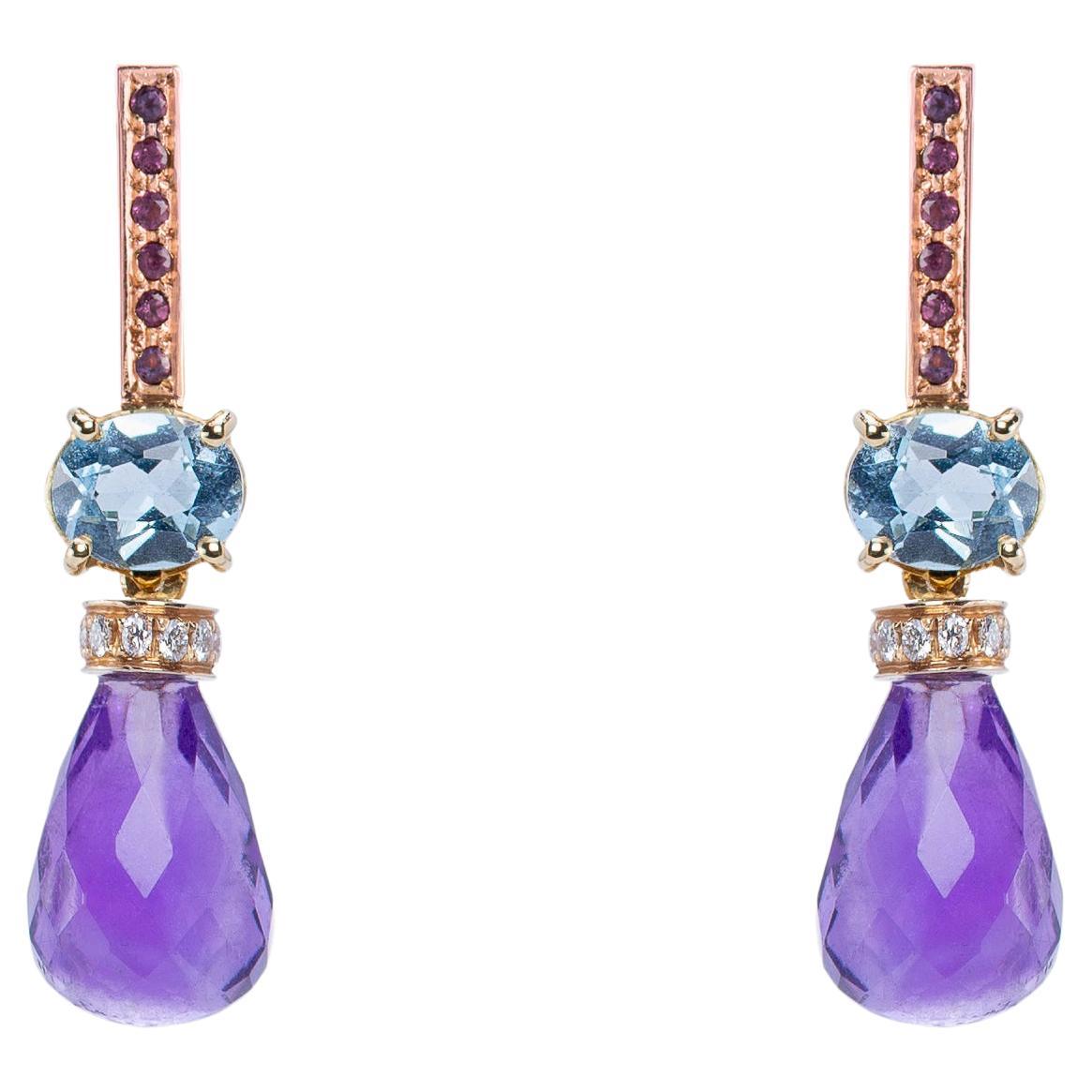 4 Karat Aquamarine 18 Karat Rose&White Gold Diamonds Sapphire Amethyst Earrings For Sale