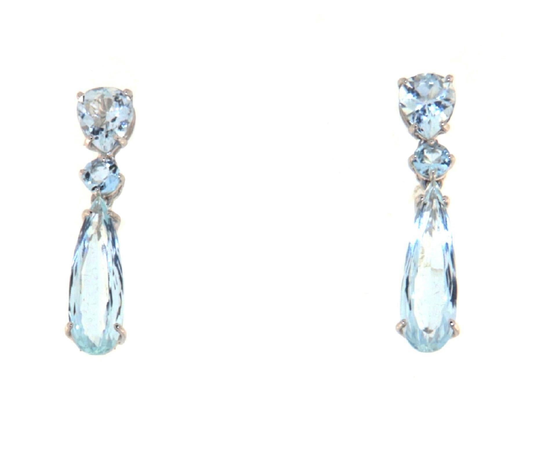 Round Cut Aquamarine 18 Karat White Gold Drop Earrings For Sale