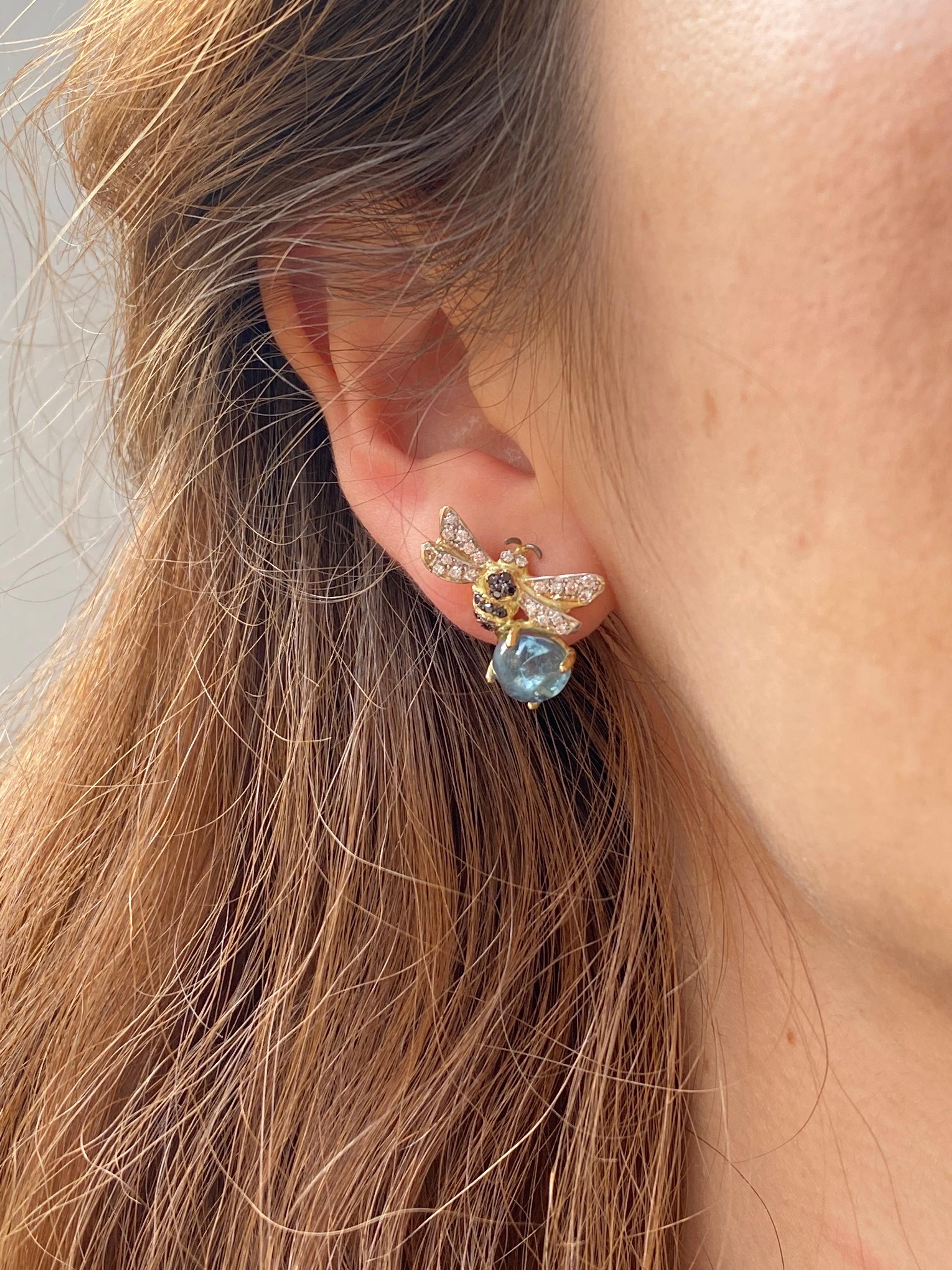 Rossella Ugolini Design Collection , 18 Karat Yellow Gold 4.12 Carats Aquamarine 0.16 Karat White Diamond 0.18 Karat Black Diamonds Bees Handcrafted Stud Earrings. This collection was born to celebrate a precious creature, essential for our survival