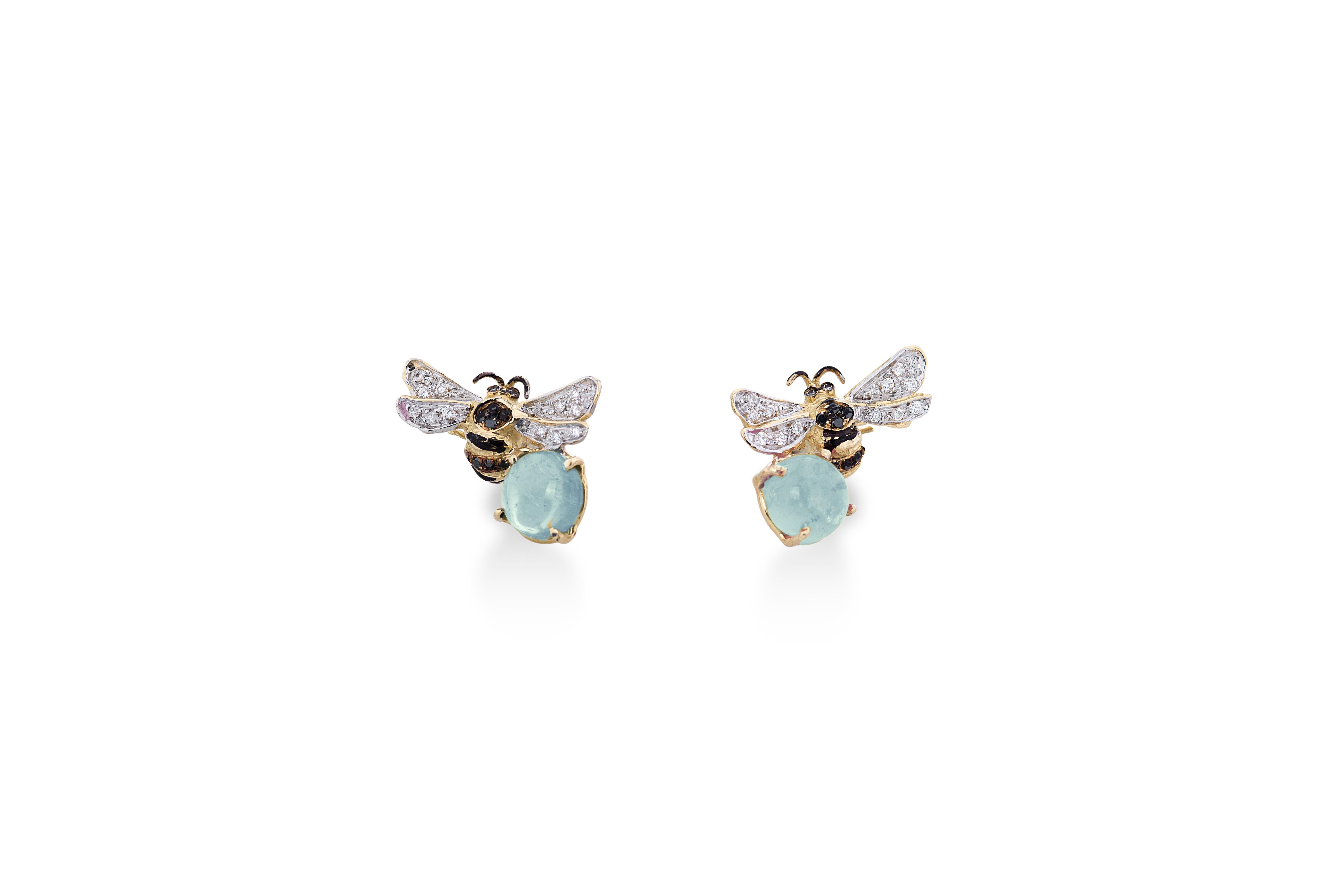 4.12 Carats Aquamarine 18K Gold 0.16 Karat White Diamonds Bees Stud Earrings For Sale 1