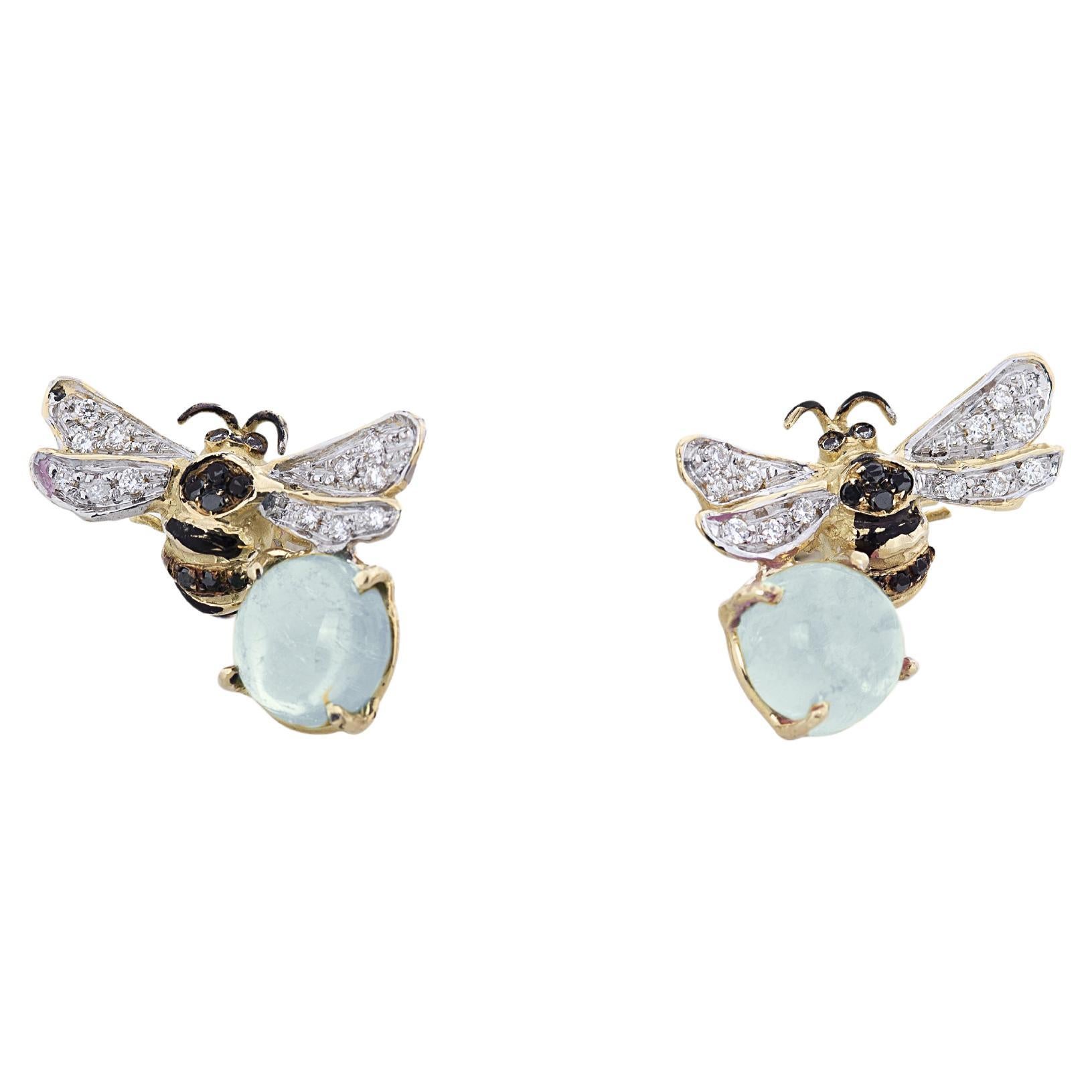 4.12 Carats Aquamarine 18K Gold 0.16 Karat White Diamonds Bees Stud Earrings