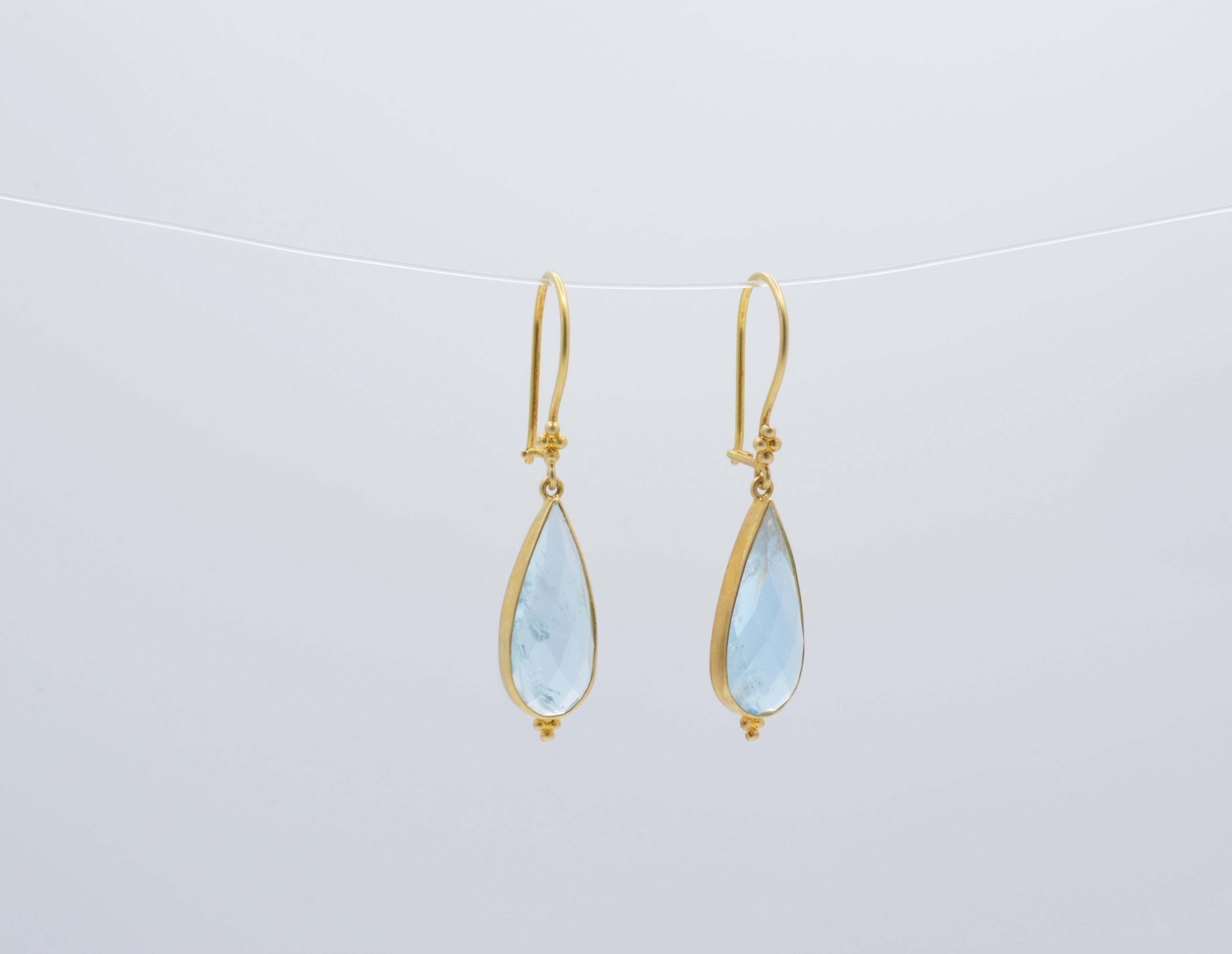Romantic Aquamarine Pear shaped Rose cut and 18 Karat Yellow Gold Drop Earrings