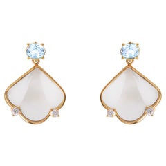 Boucles d'oreilles aigue-marine en or jaune 18 carats, diamants, cristal de roche et gouttes d'eau