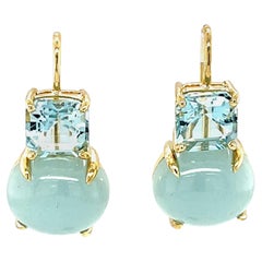 Aquamarine 18K Yellow Gold Drop Earrings Cabochon and Facetted
