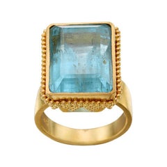 Steven Battelle Aquamarine Cocktail Ring 22K Gold Size 7