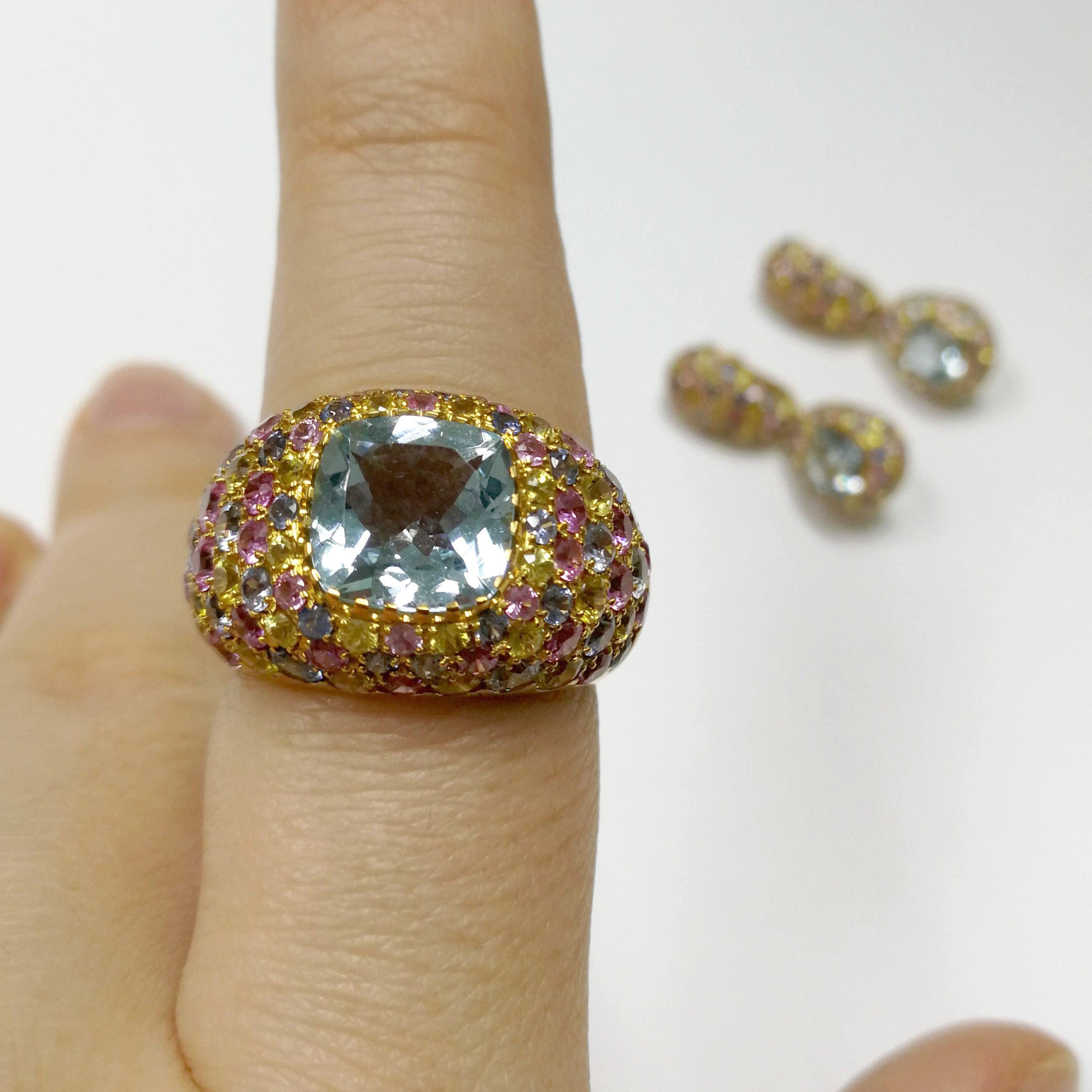 Aquamarine 2.32 Carat Multi-Color Sapphires Yellow 18 Karat Gold Riviera Ring 10