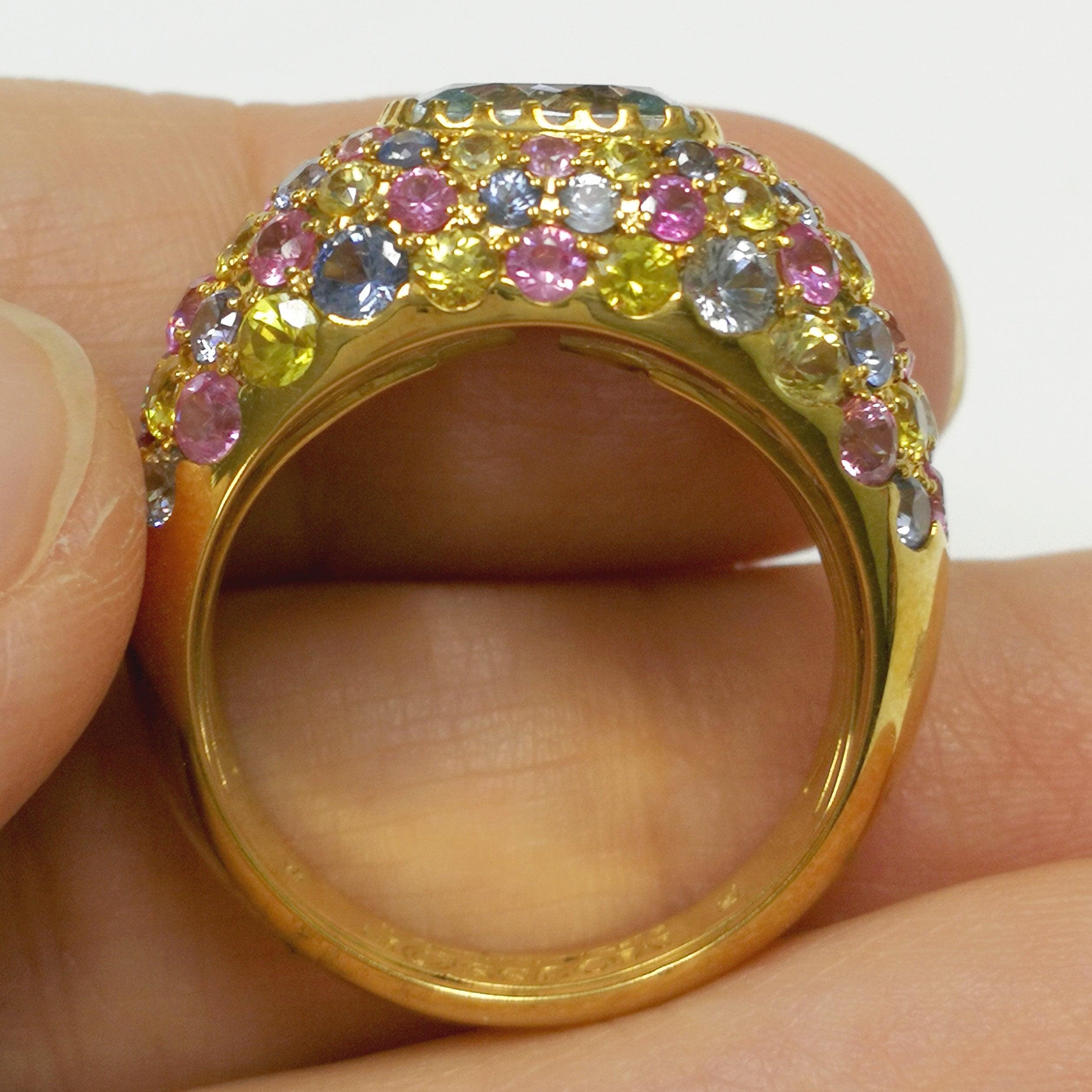 Aquamarine 2.32 Carat Multi-Color Sapphires Yellow 18 Karat Gold Riviera Ring 4